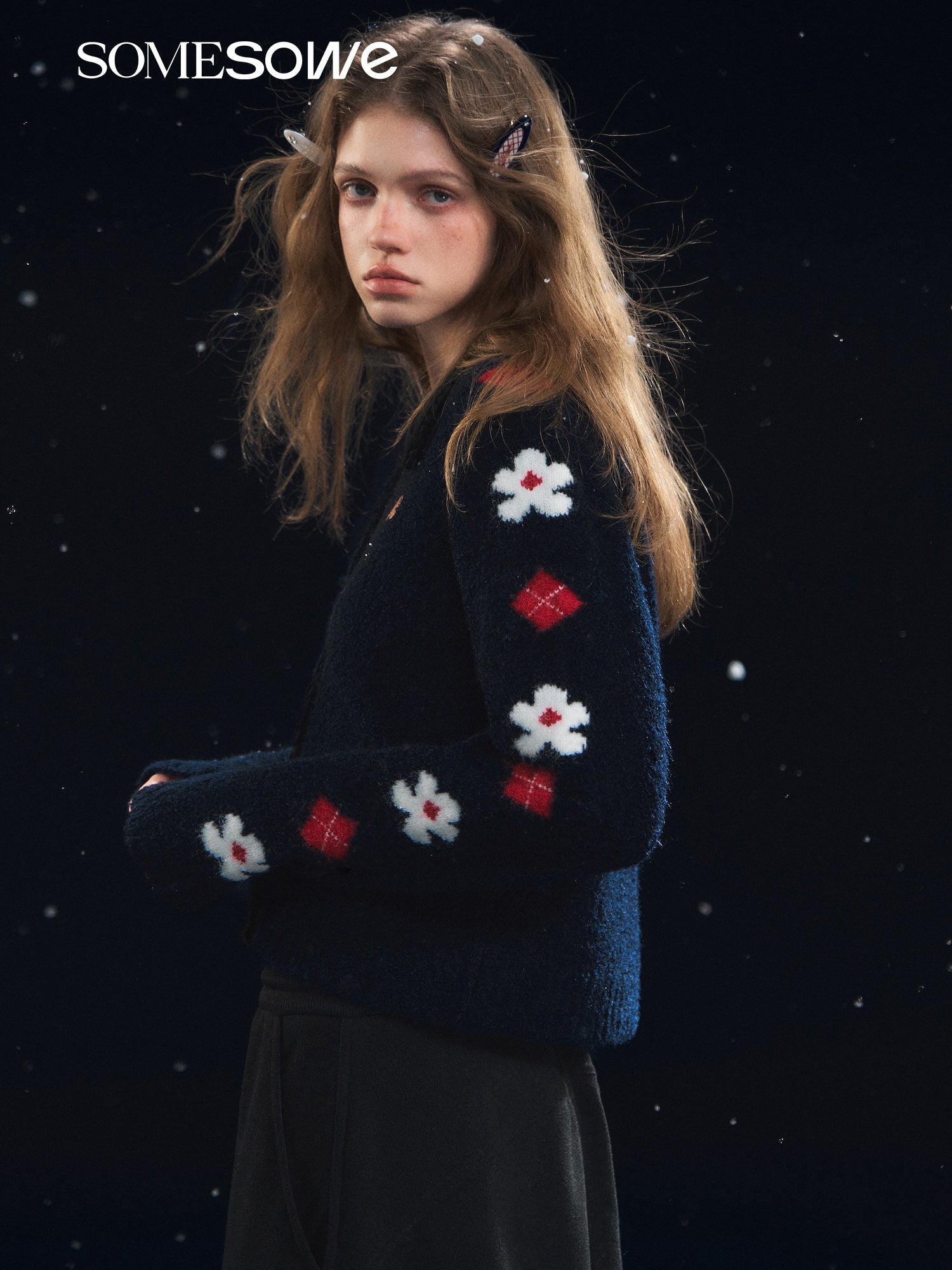 SOMESOWE S2508314 Retro Flower Jacquard Notched Collar Cardigan