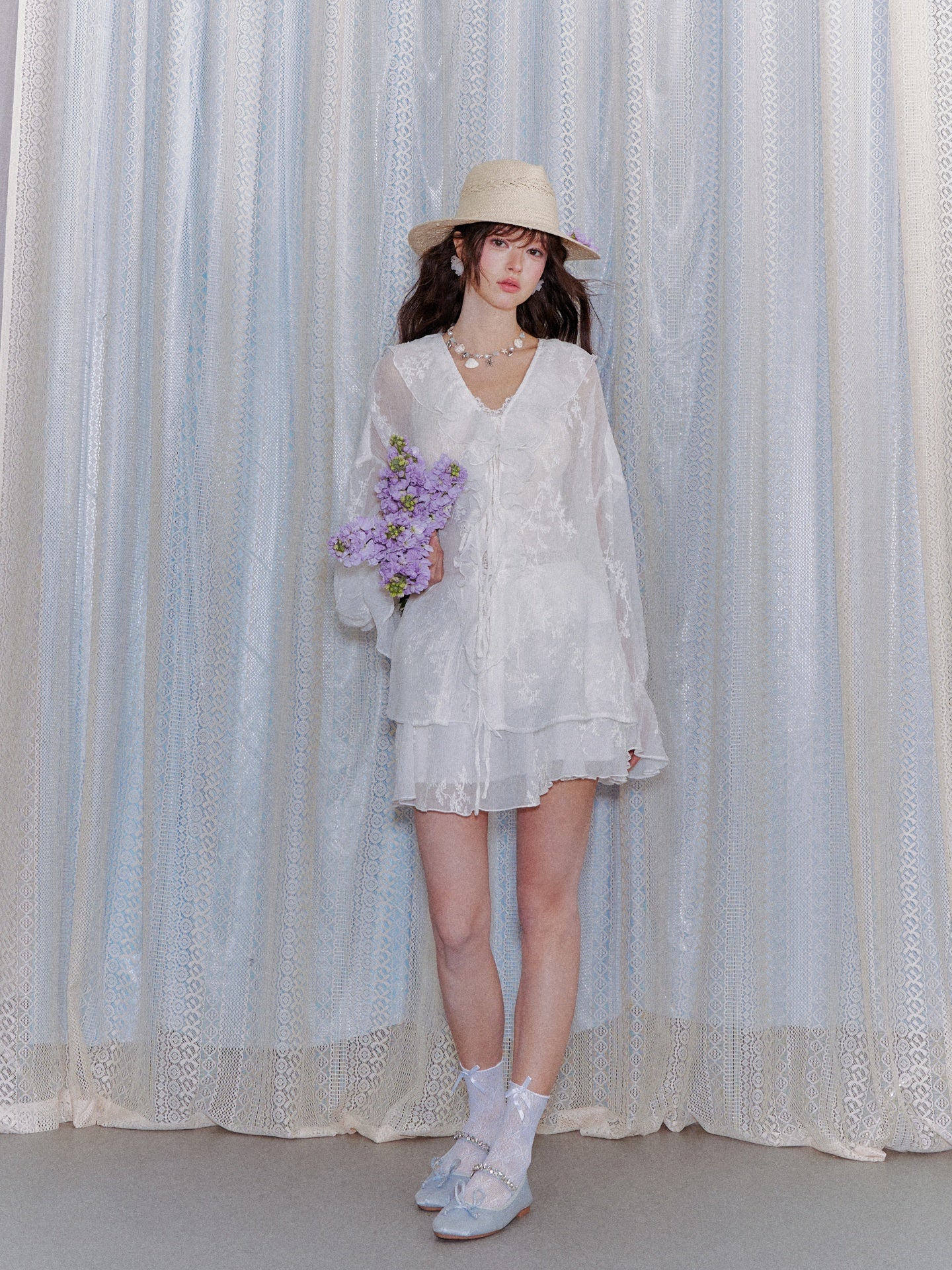 AsGony ASG26015&ASG26016 Chiffon pleated embroidered ruffle edge shirt + skirt