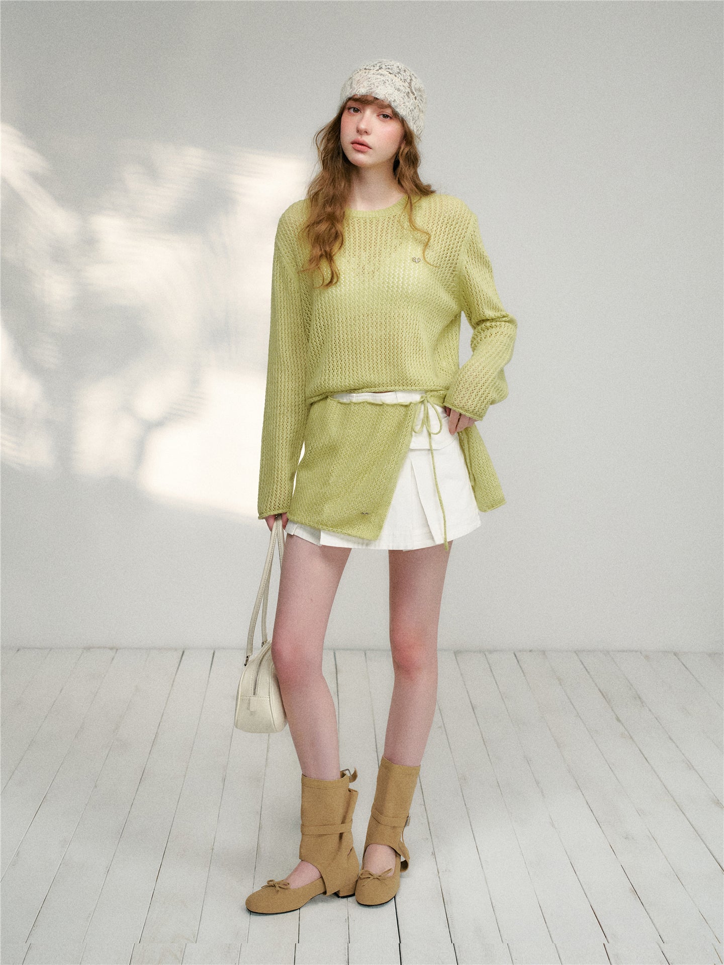 16DEWS 16D26078 Lace-up circular-neck knitted top (with shawl)