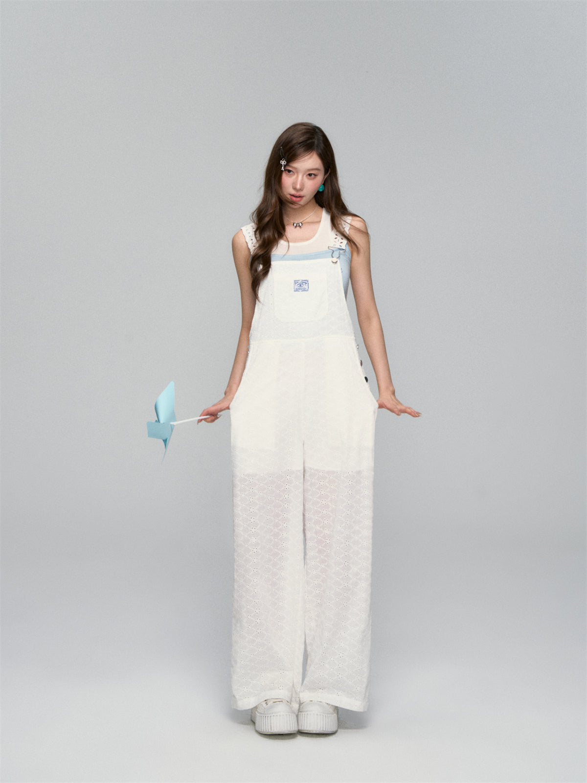 AsGony ASG25142 Flower hollow cotton loose overalls (2color)