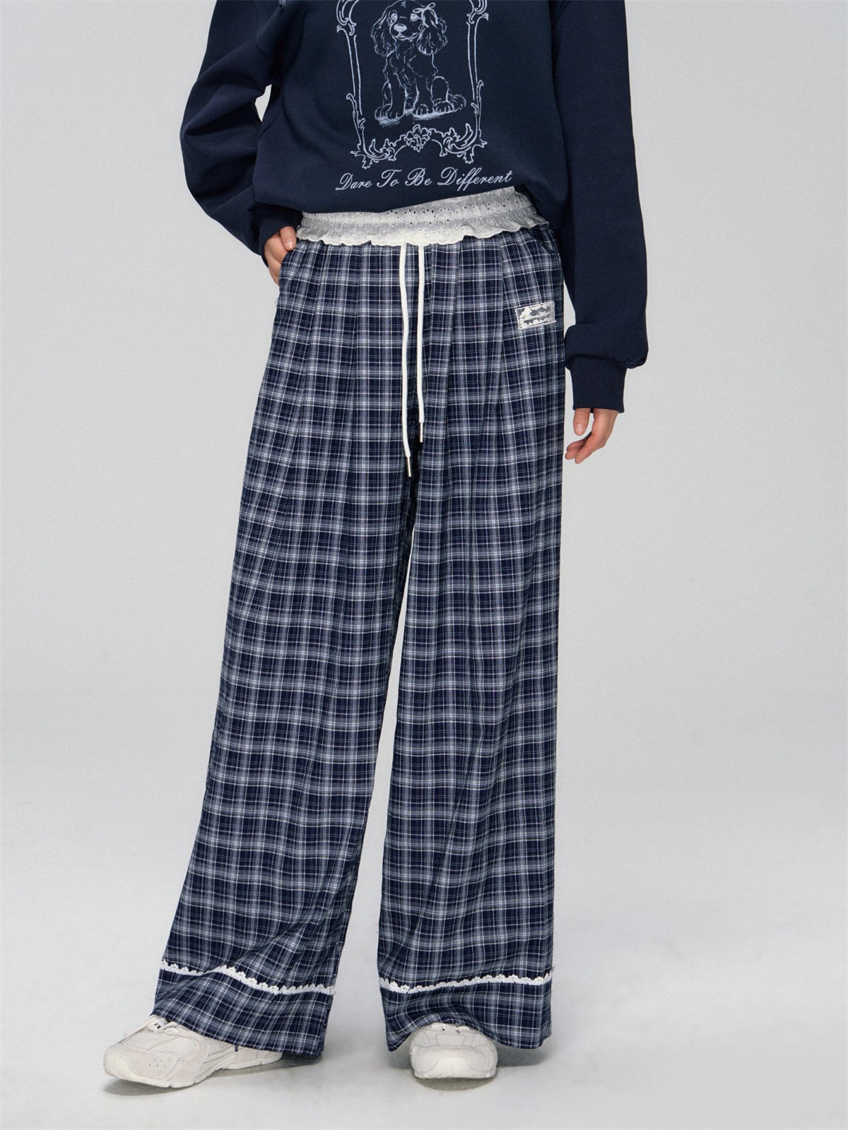 AsGony ASG24746Lace plaid wide leg pants