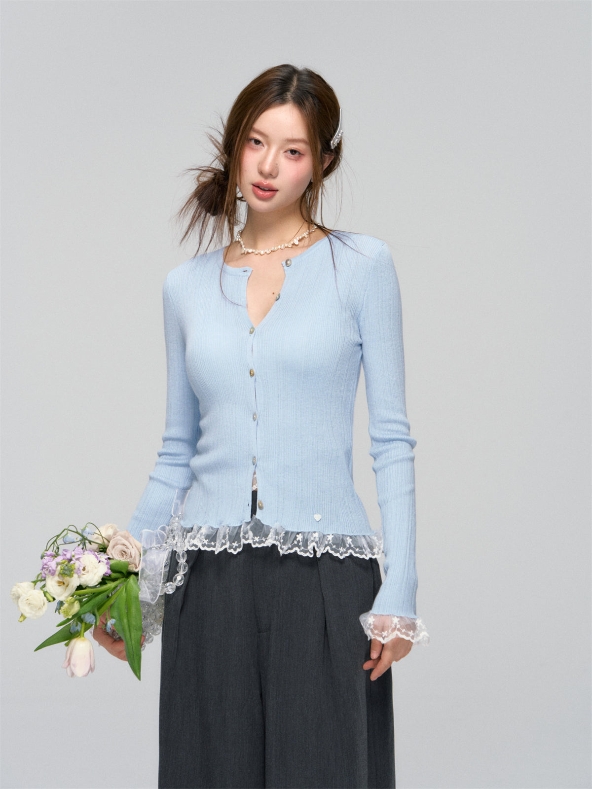 AsGony ASG25039 Lace hem patchwork knit cardigan (2color)