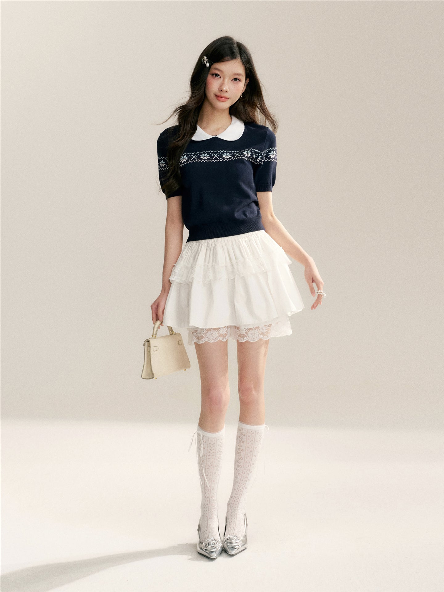 16DEWS 16D246070 Color blocked doll neck Fer Island short sleeved knit sweater