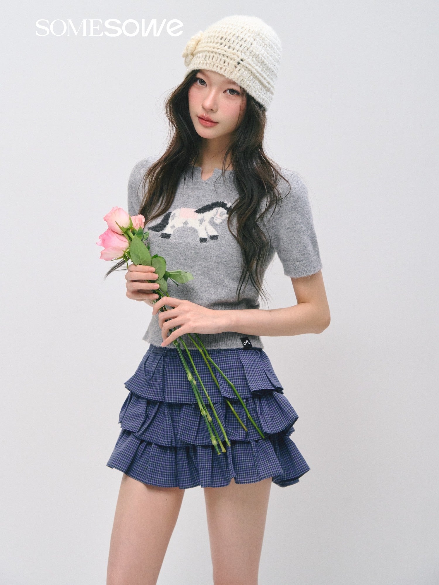 SOMESOWE S2609034 Pony Jacquard Knitted Short Sleeve Top