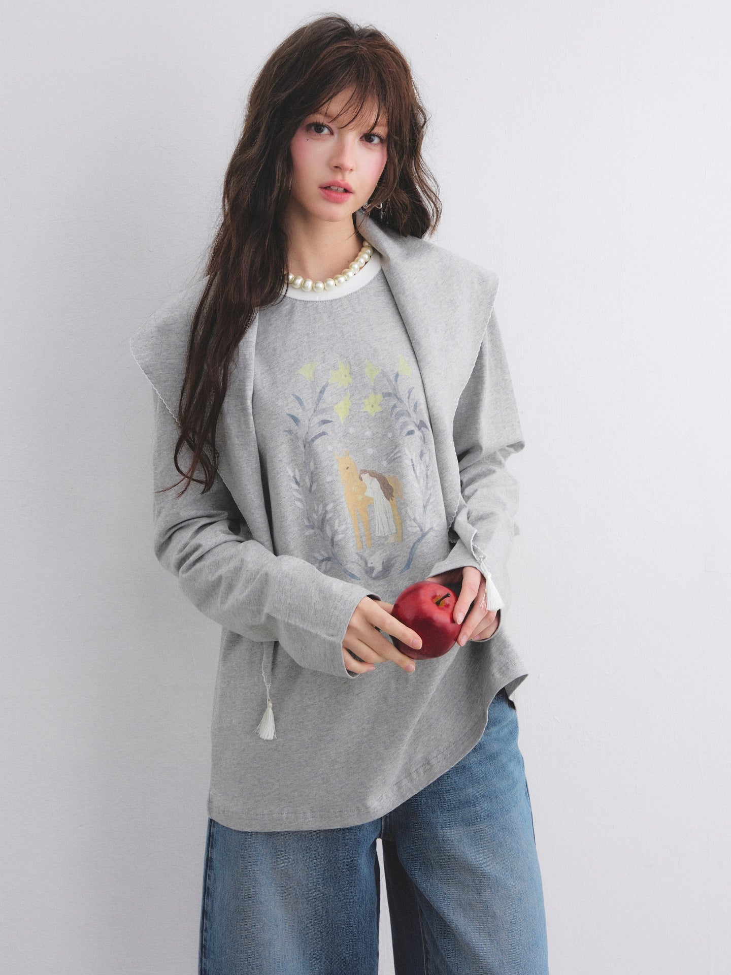 AsGony ASG26025 Triangle shawl pony print T-shirt two-piece set