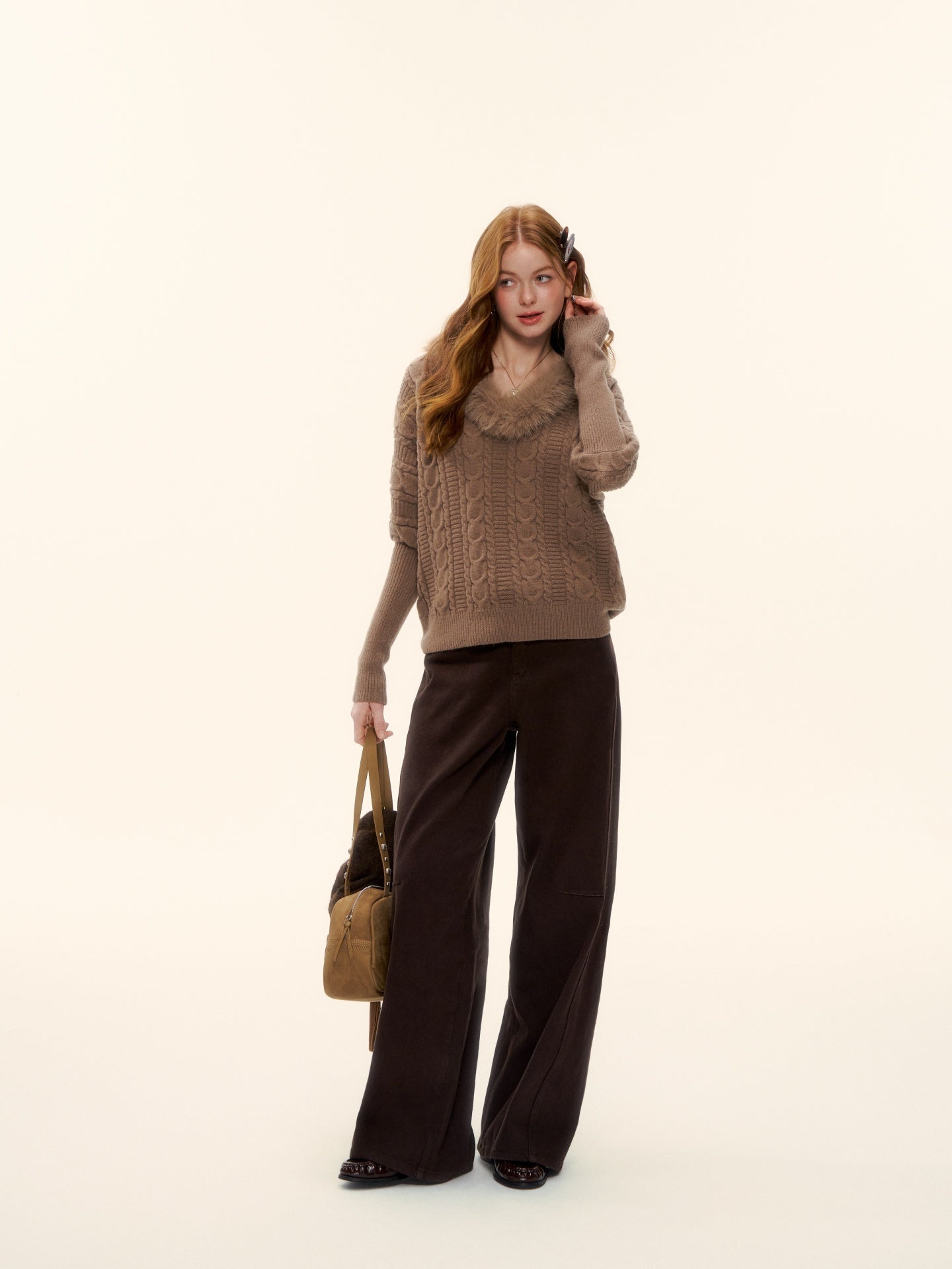 AsGony ASG25627 V-neck wool strip twisted flower sheep leg sleeve knitted sweater