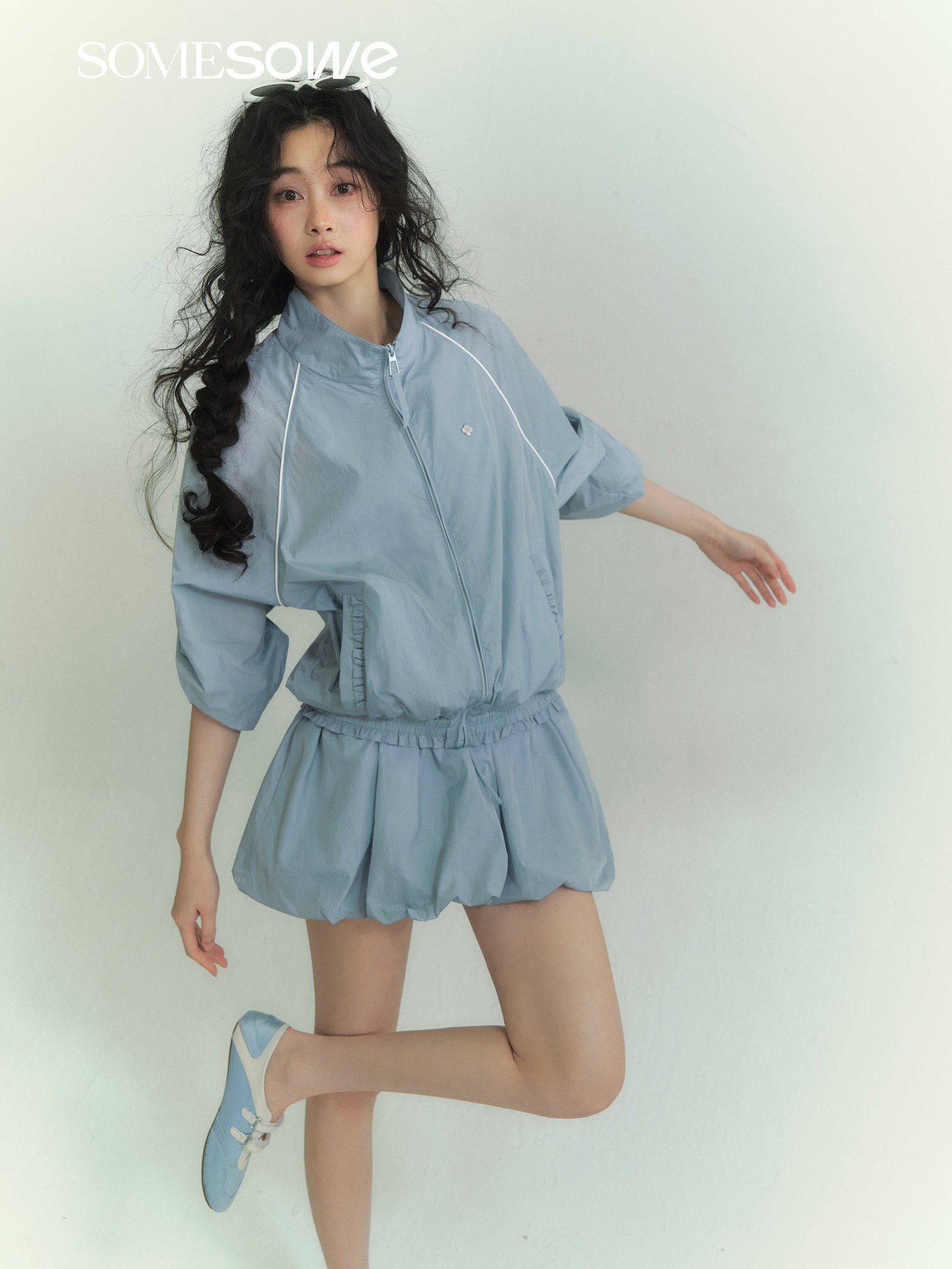 SOMESOWE S2609061&S2609062 Splicing stand up collar casual jacket + floral camisole dress