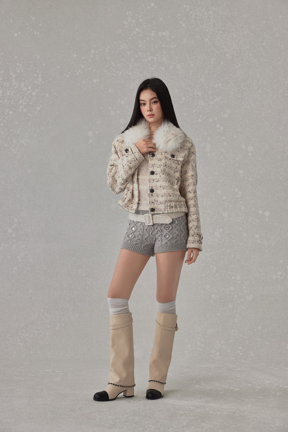 NONCESTNON N239 Chiffon Fur Trimmed Coat