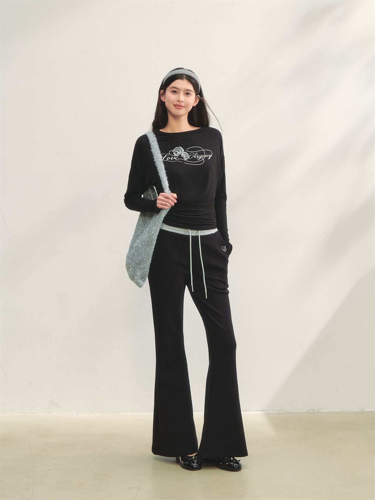 AsGony ASG25286&ASG25287 Printed slim fit pleated long sleeved T-shirt + pants