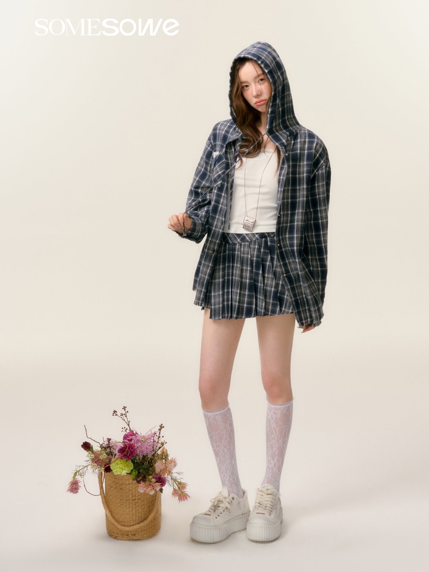 SOMESOWE S2508025&S2508026 Plaid hooded shirt + shorts set(seperate)