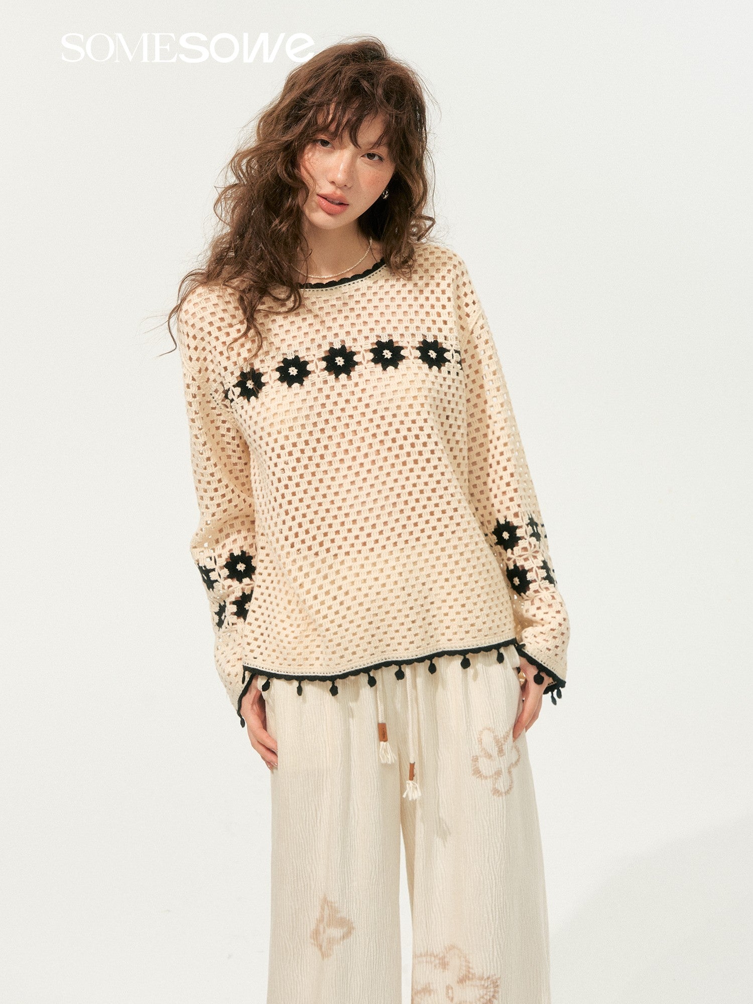SOMESOWE S2508186&S2508194 Bohemian style hollowed out sweater + pants set
