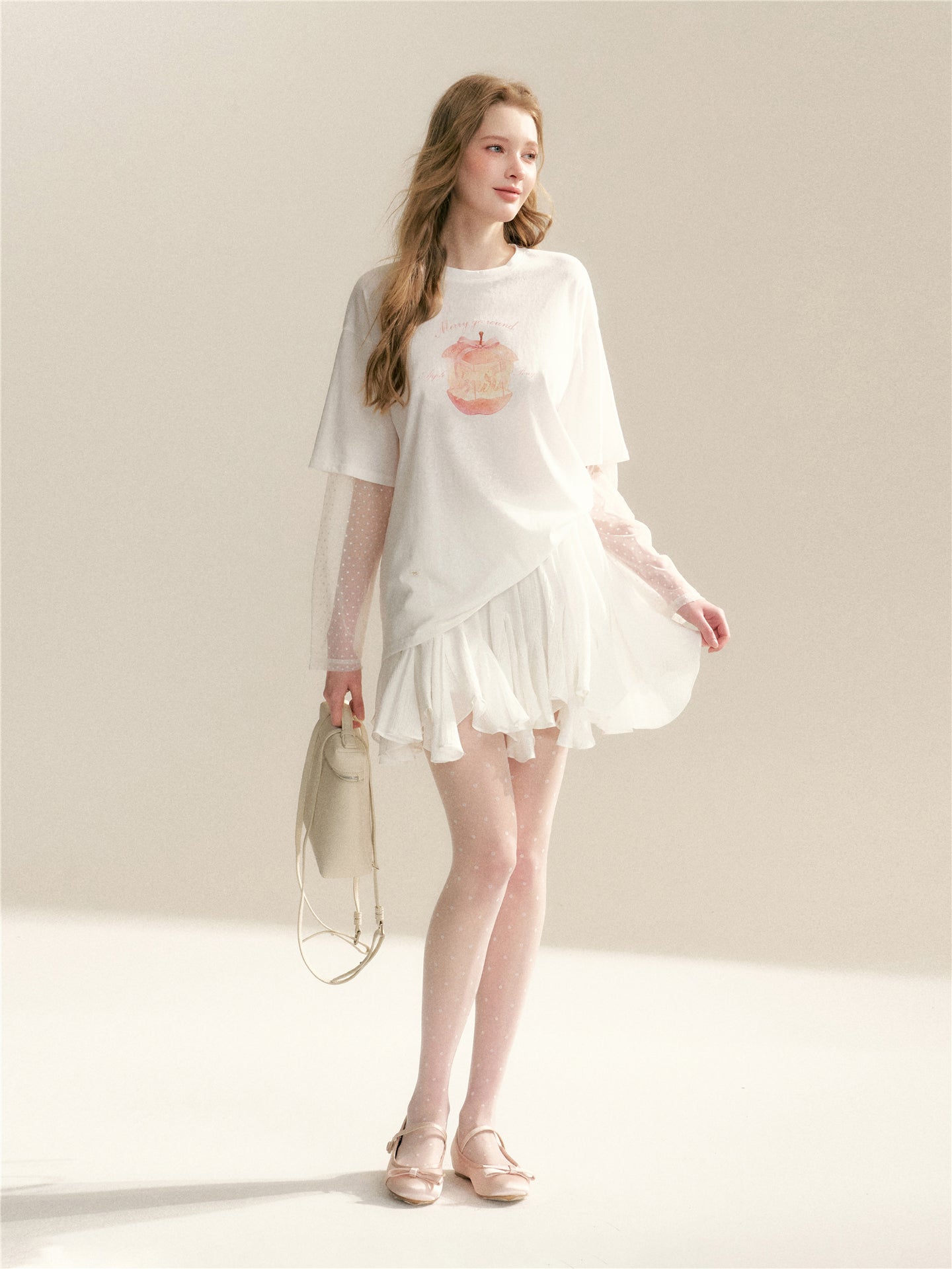 16DEWS 16D26042 Lace patchwork fake two piece long sleeved T-shirt