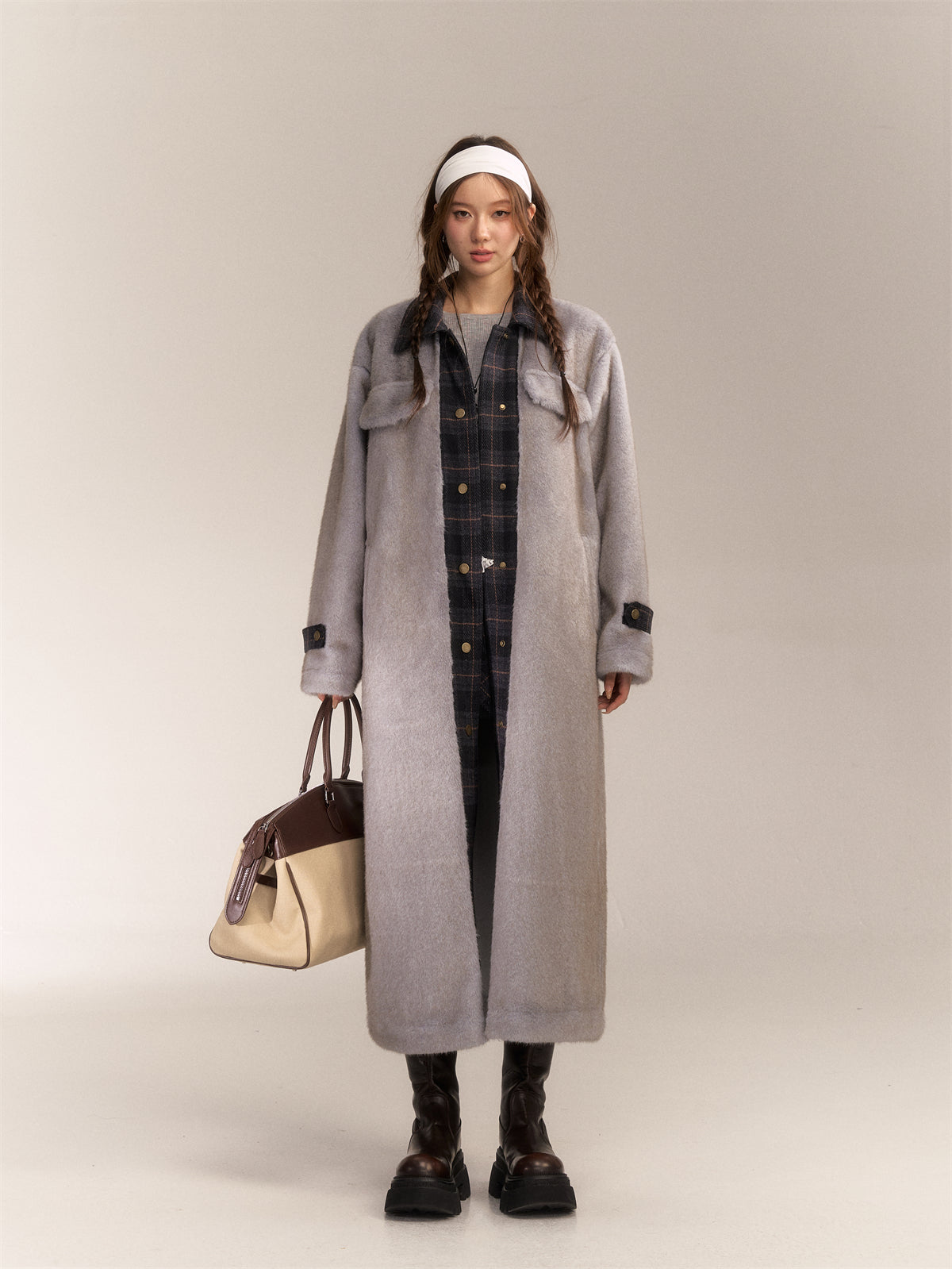 AsGony ASG24646 Plaid patchwork wool long coat
