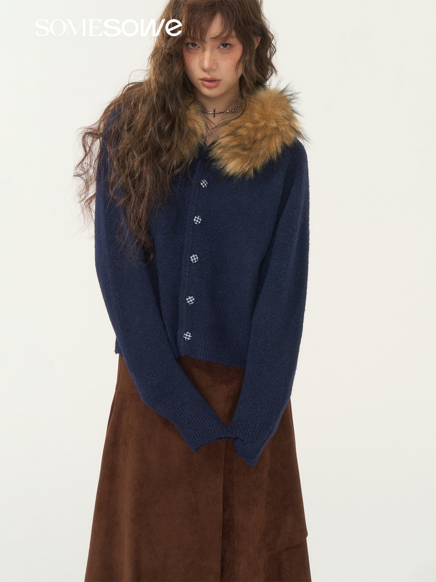 SOMESOWE S2508279 Detachable wool collar cowhide hooded cardigan