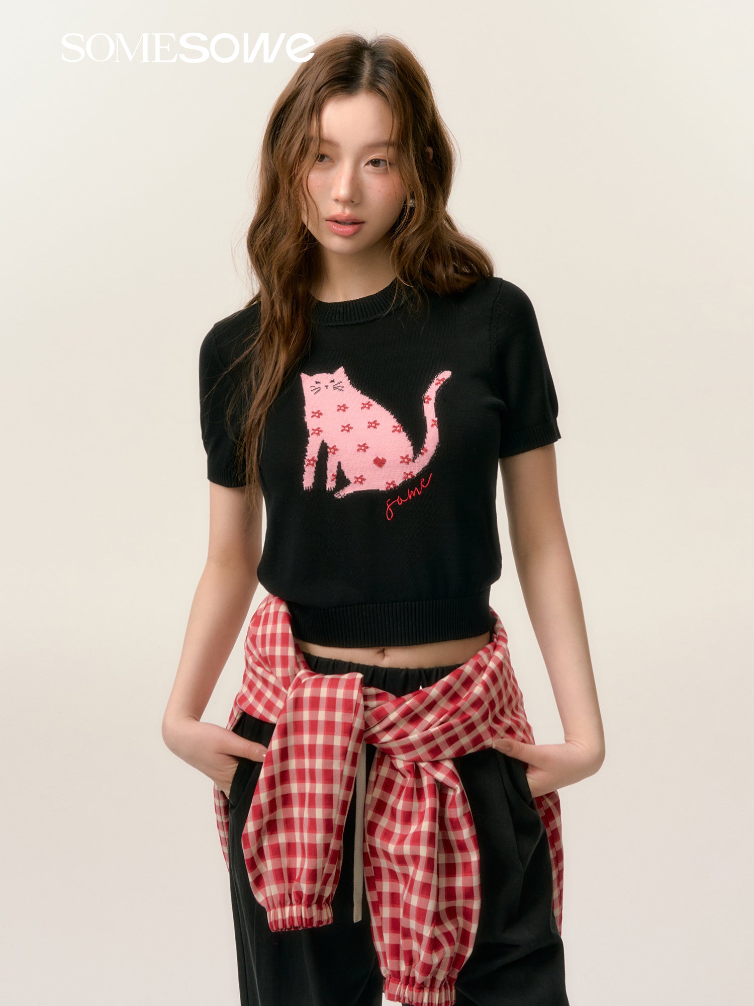 SOMESOWE S2508051 Cat short sleeved knitted sweater