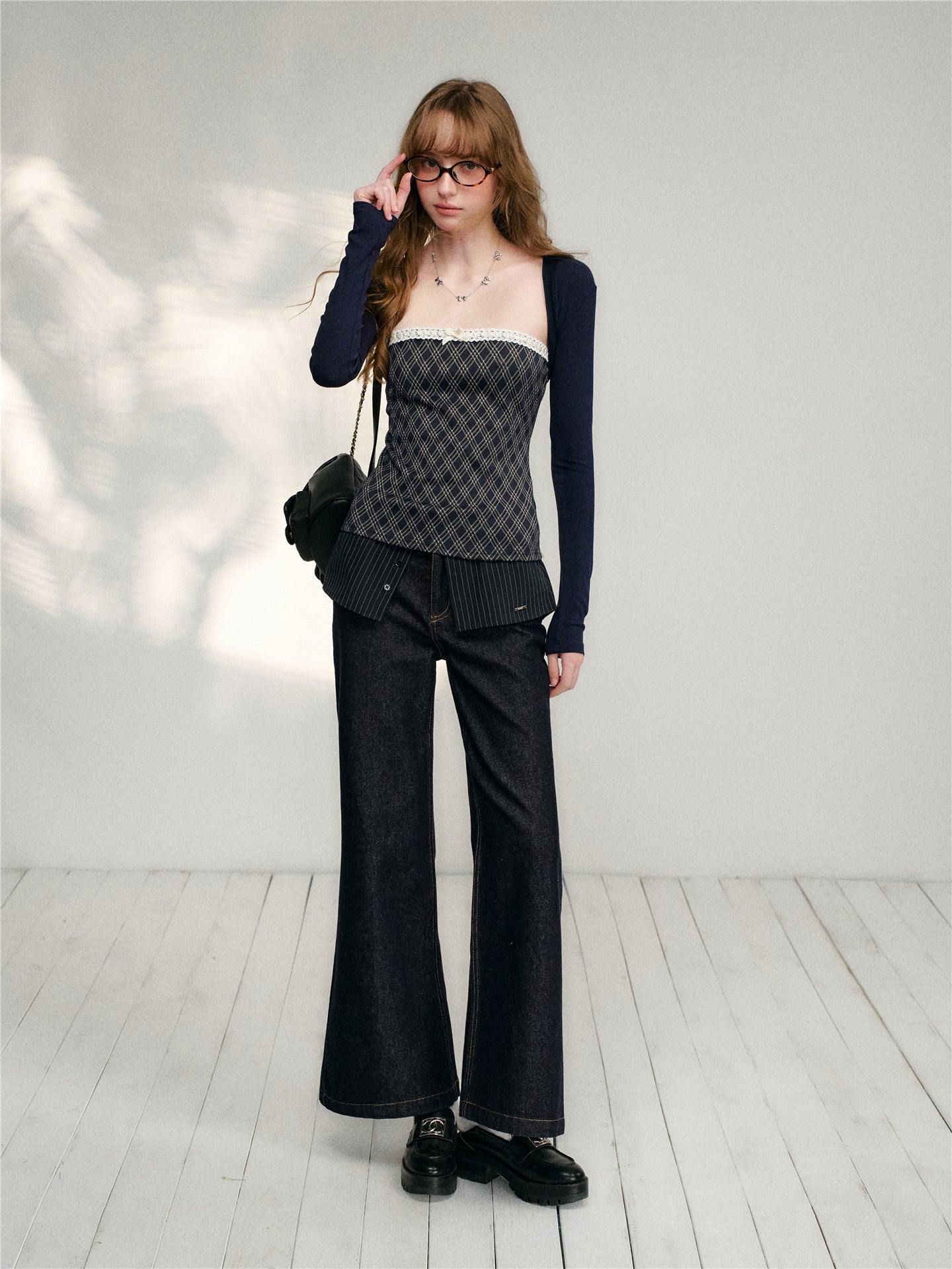 16DEWS in stock 16D26133 Lace plaid patchwork camisole top
