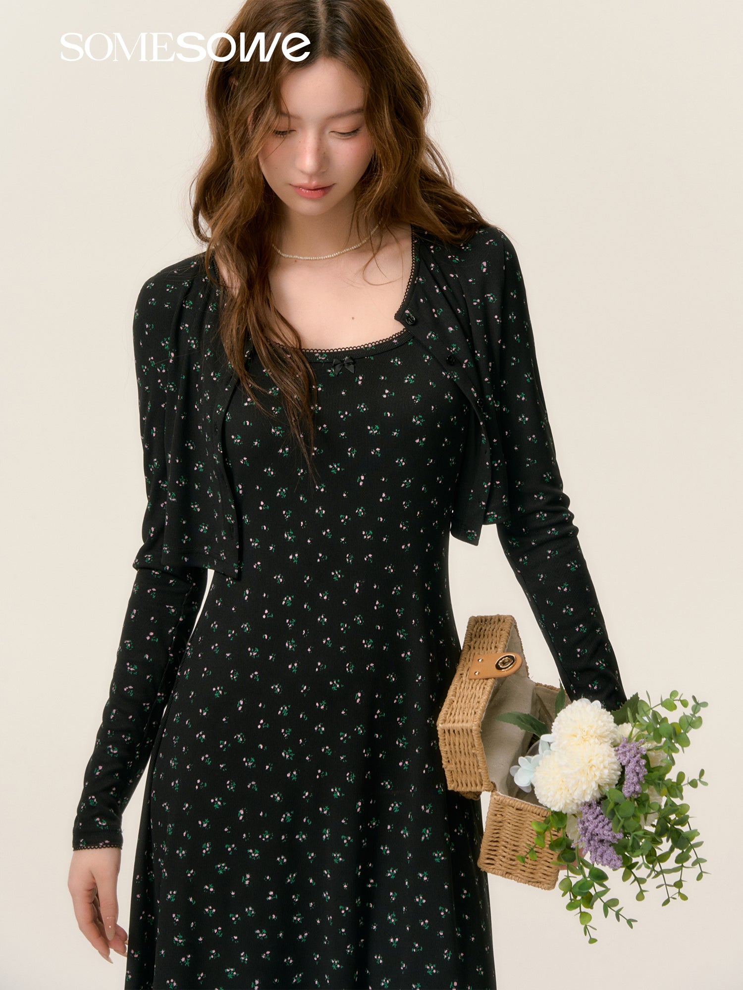 SOMESOWE S2508039&S2508040 Floral knit dress + cardigan set(seperate)