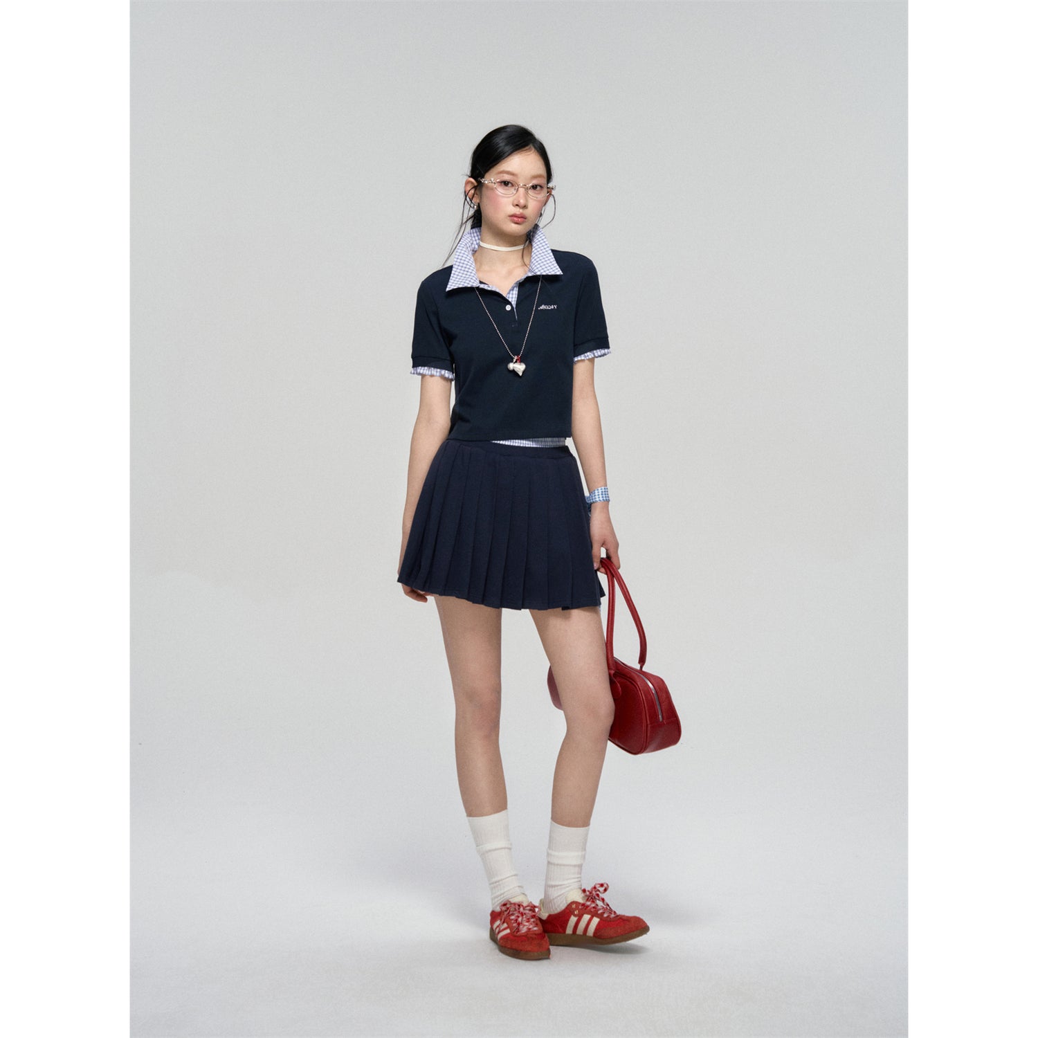 AsGony ASG25090 Embroidered plaid patchwork polo shirt