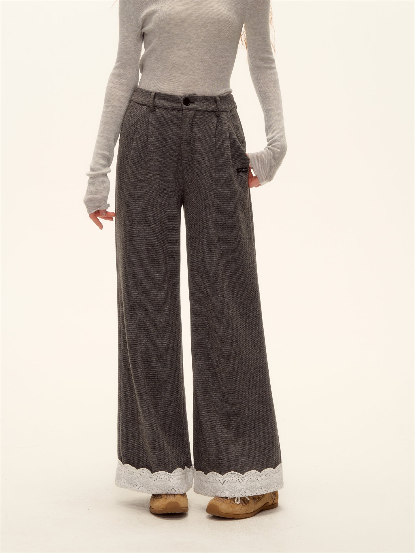 AsGony ASG25473 Embroidered lace straight leg wool casual pants