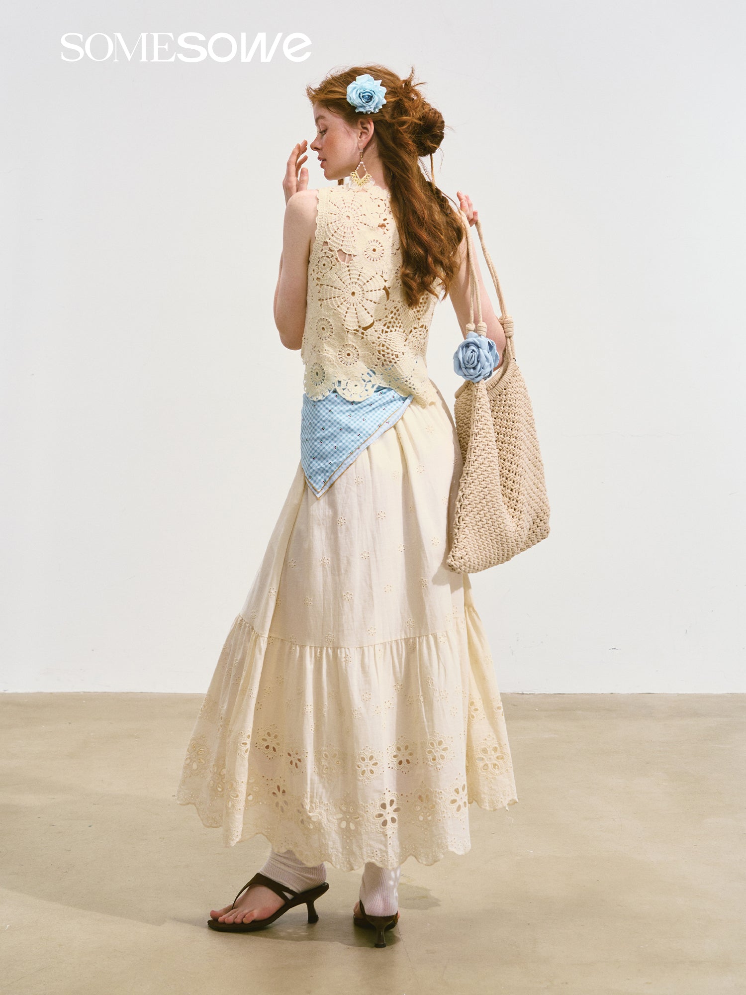 SOMESOWE S2508107&S2508118 Embroidered hollow flower vest + skirt set