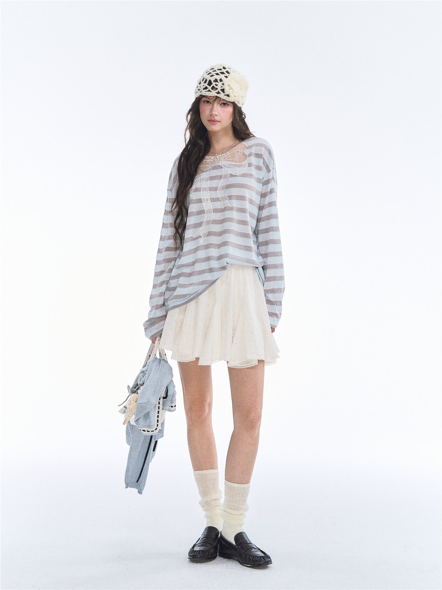 Asgony ASG26500 Striped Lace Patchwork Bow Long-Sleeve Top