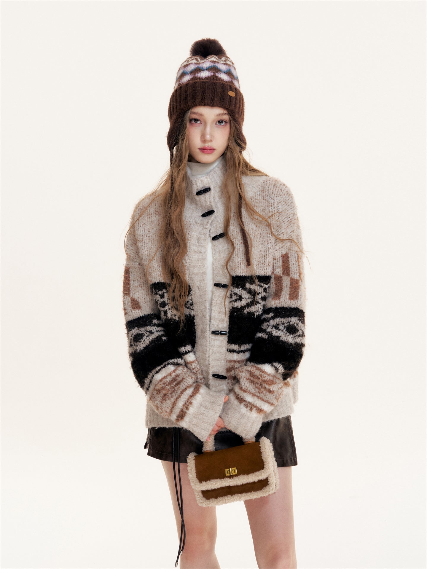16DEWS 16D25386 Fair Isle Lapel Loosely Knitted Sweater