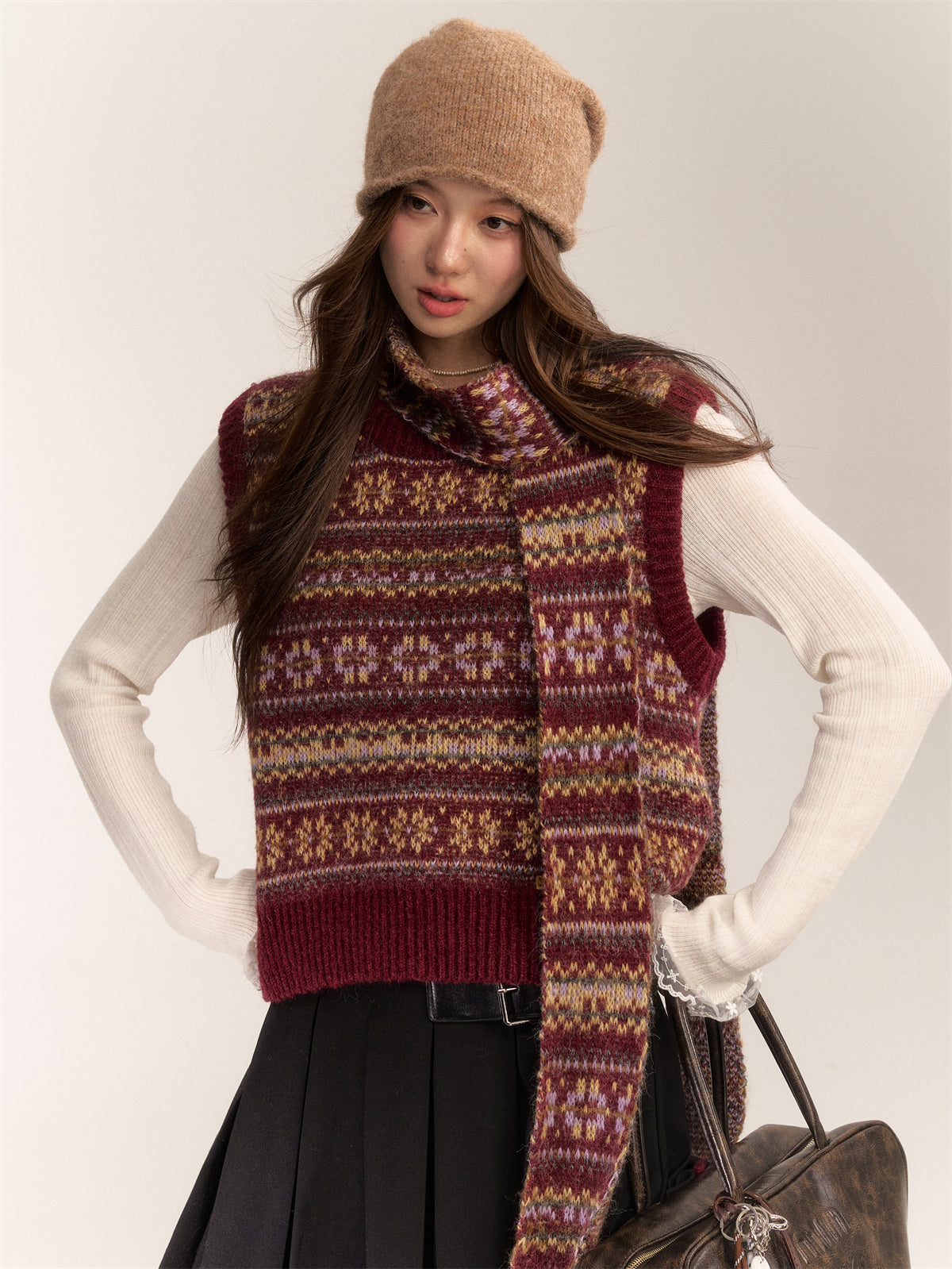 AsGony ASG24618 Fair Isle wool-blend vest and scarf set