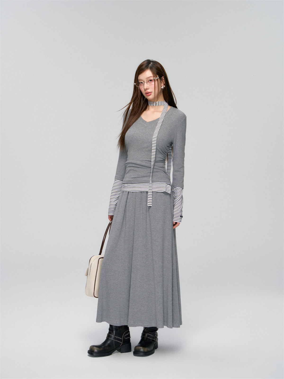 AsGony ASG25008&ASG25009 Slim fit V-neck ribbon base top + skirt set