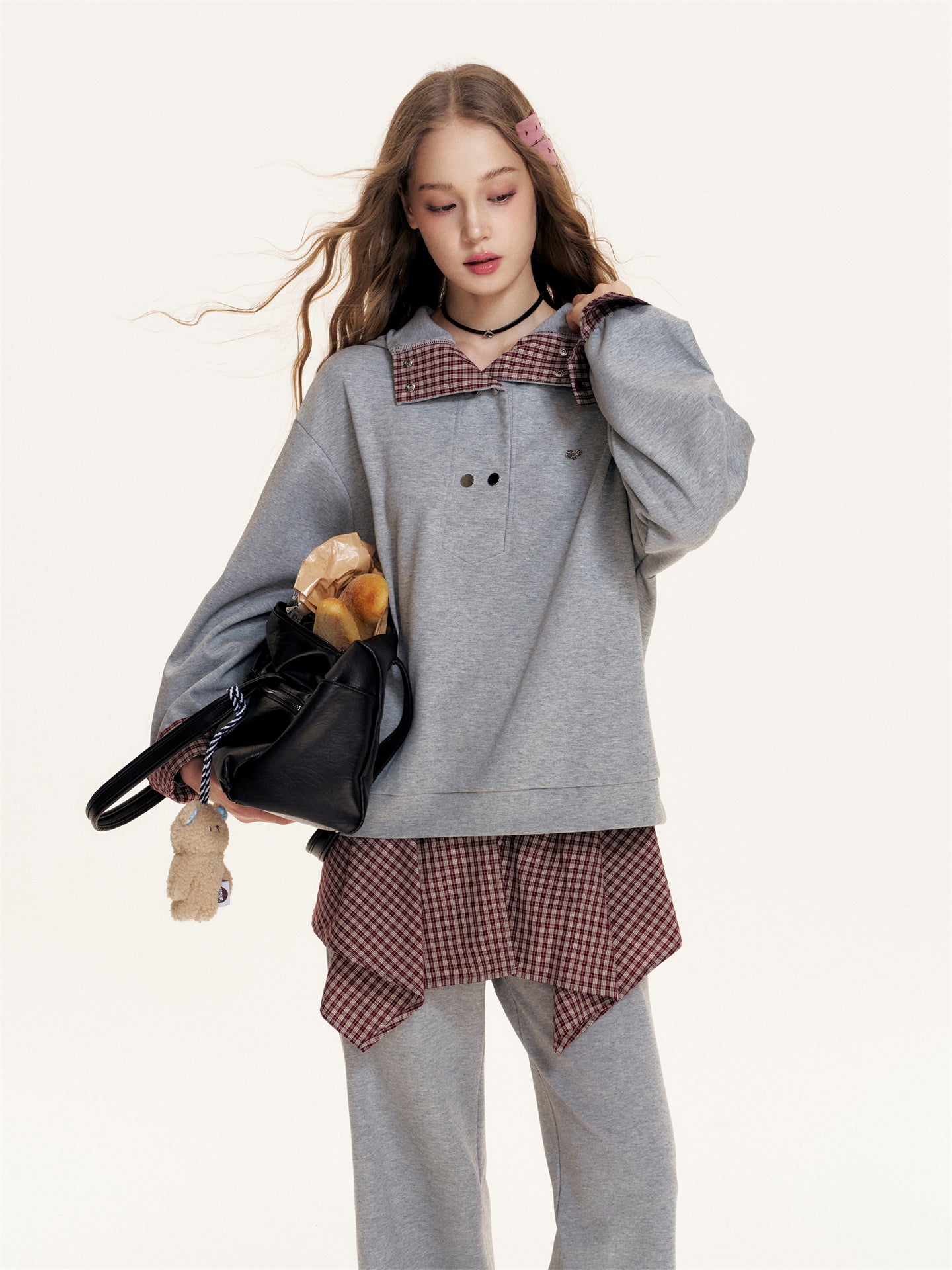 16DEWS 16D25397&16D25398 Plaid patchwork hooded sweatshirt + pants set