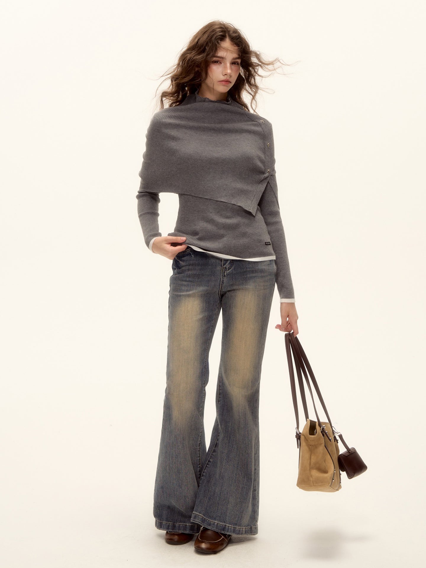 AsGony ASG25501 Wool shawl high neck rivet fake two piece sweater