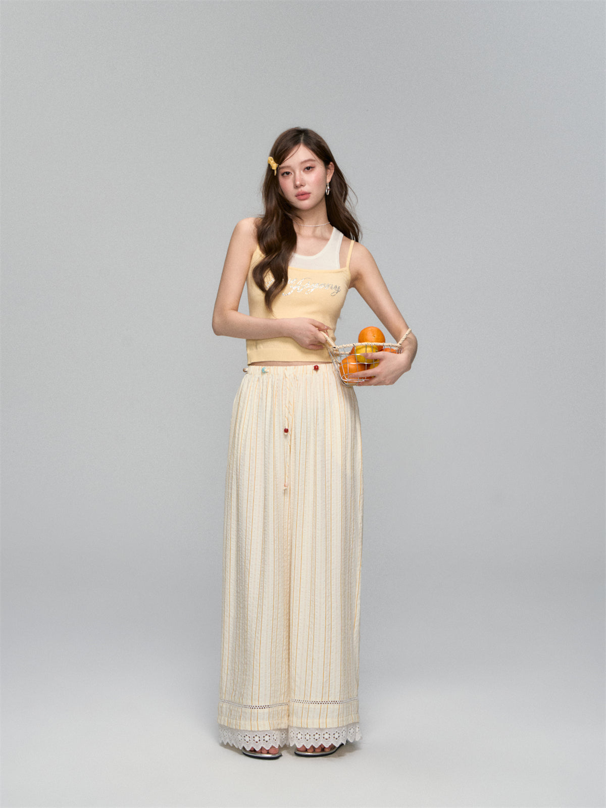 AsGony ASG25113 Striped lace straight leg casual pants (2color)