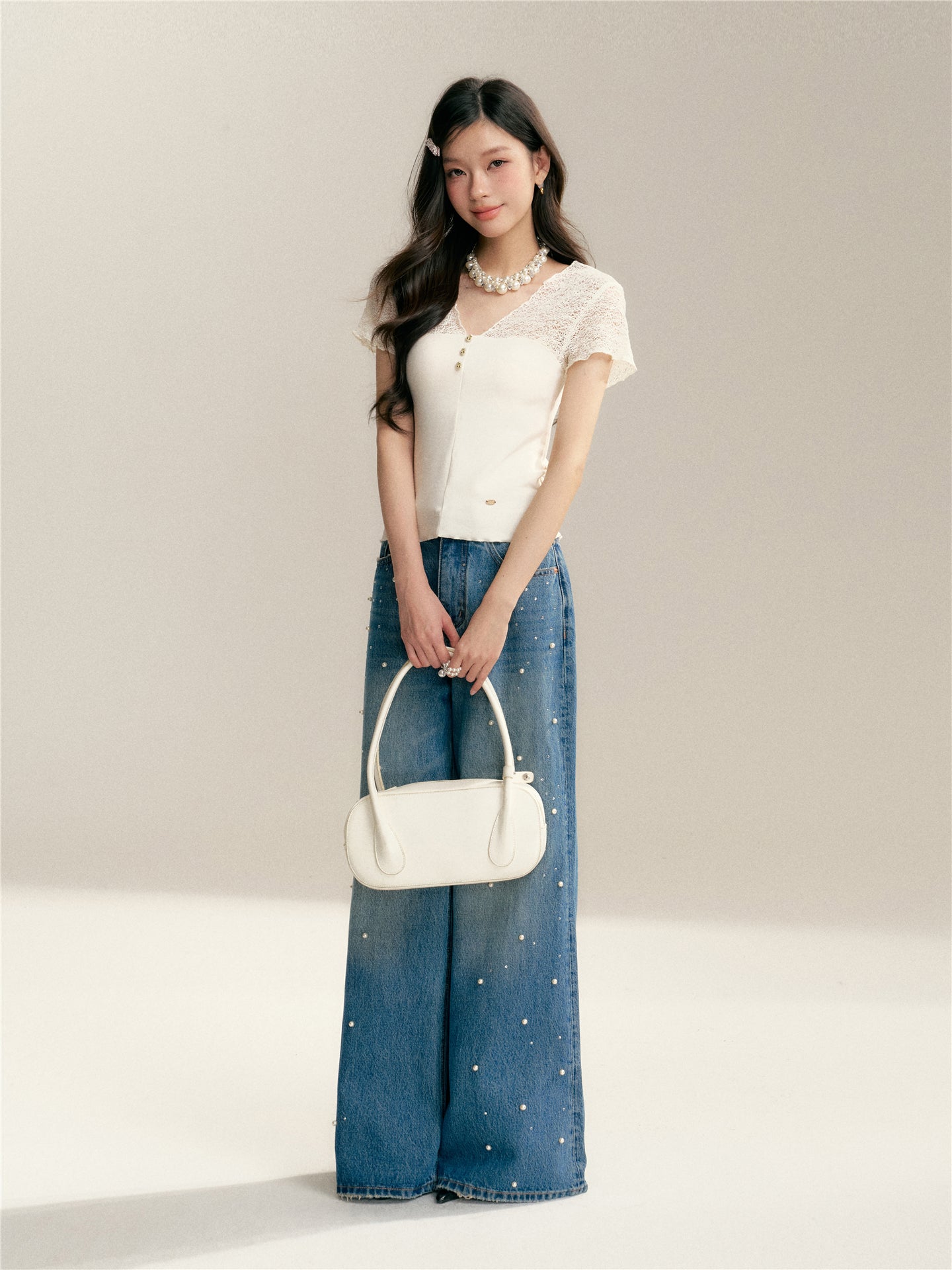 16DEWS 16D26005 Pearl hot stamping high waisted wide leg jeans