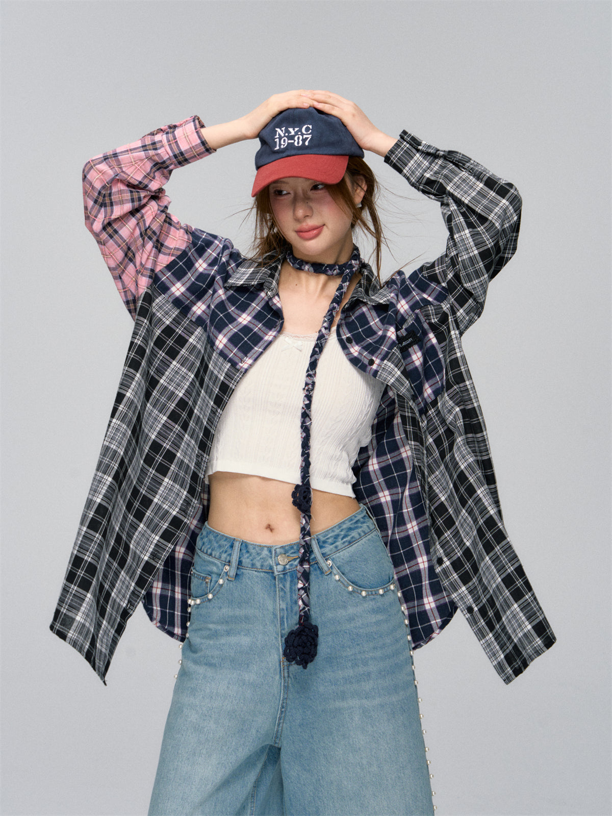 AsGony ASG25034 Checkered multi-color patchwork loose shirt