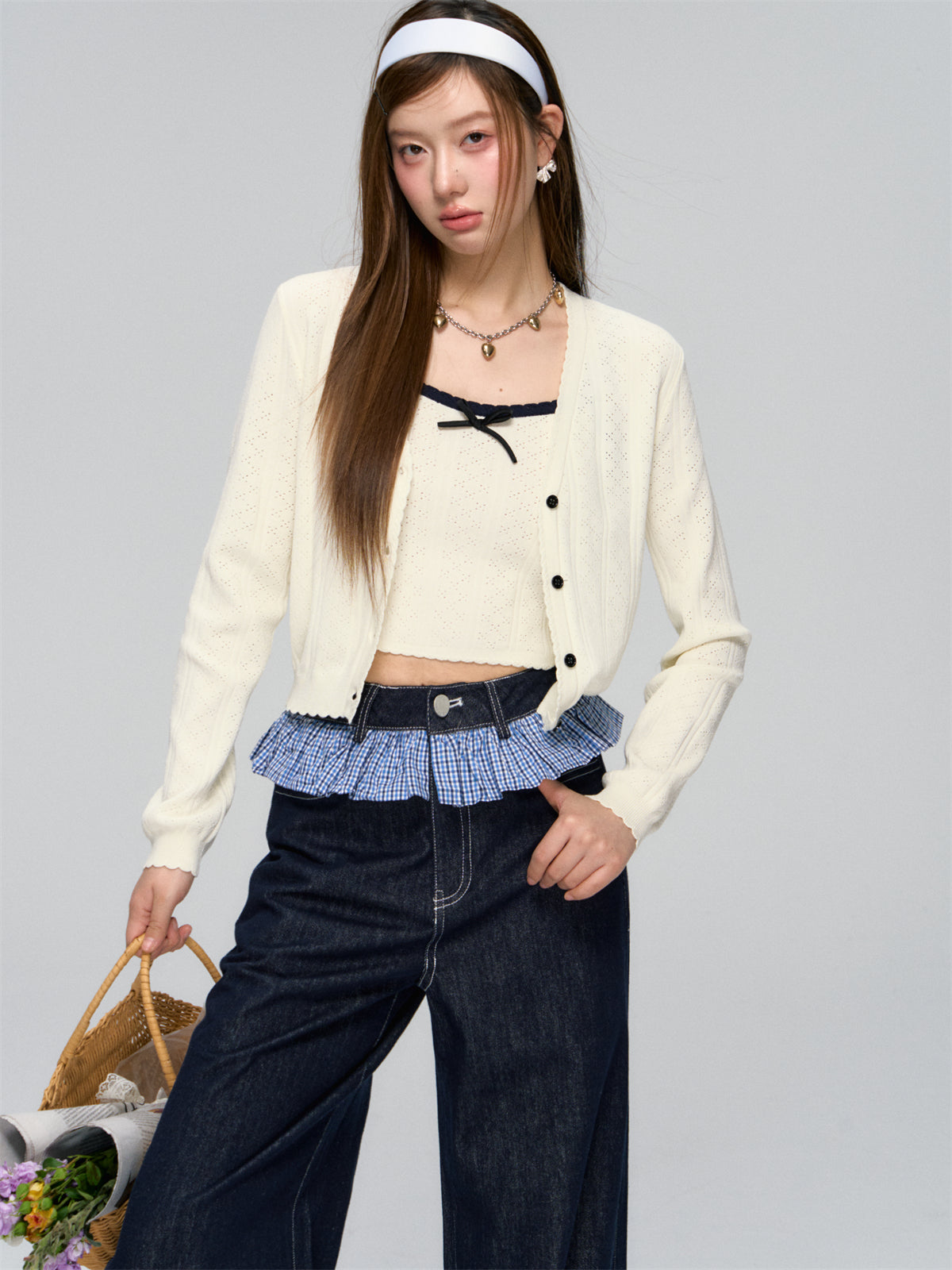 AsGony ASG25041 Color blocking bow strap cardigan two-piece set