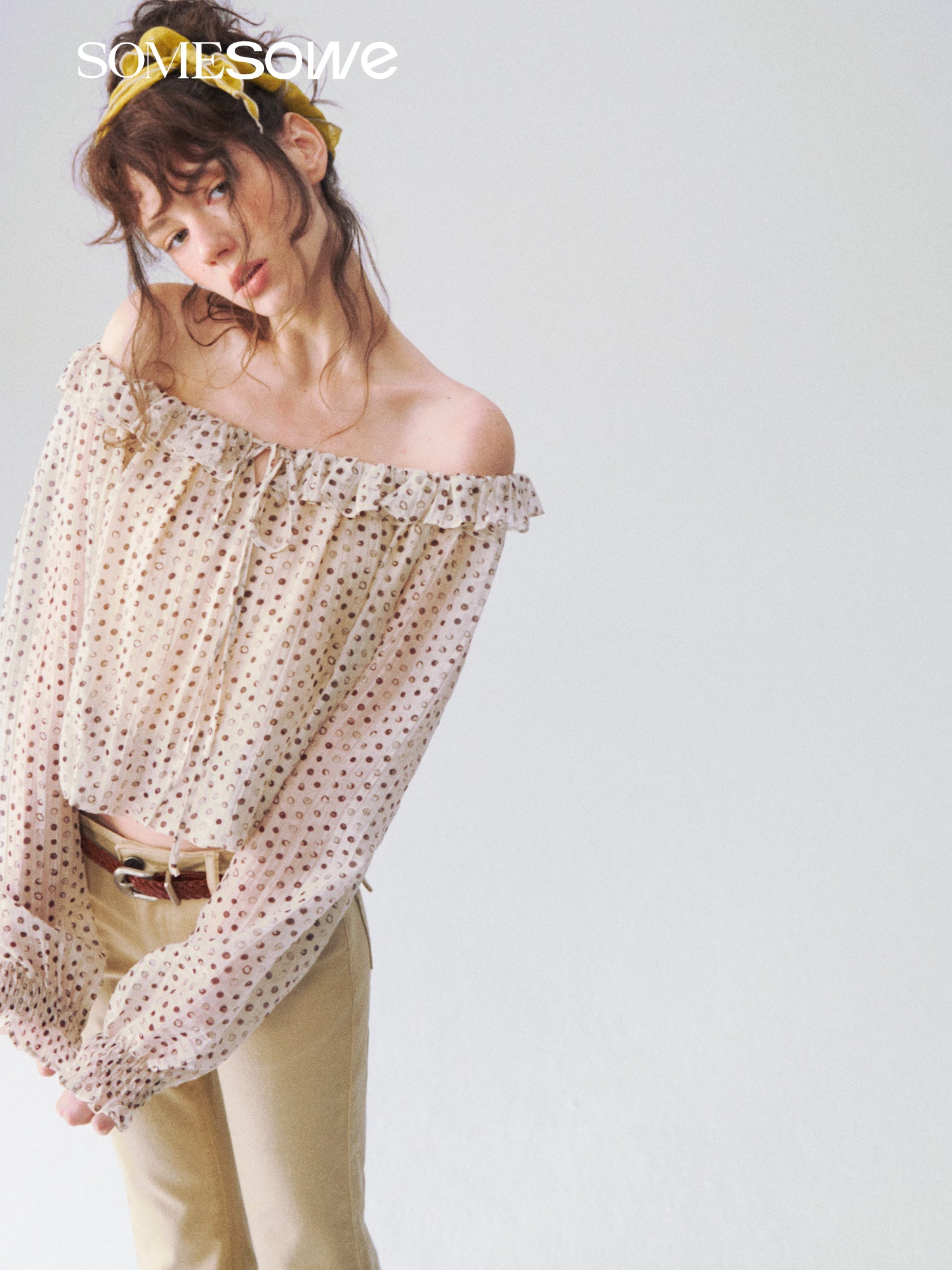 SOMESOWE S2609100 French style off shoulder polka dot ruffle top
