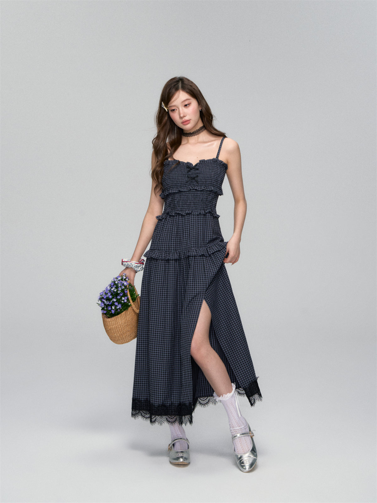 AsGony ASG25107 Plaid patchwork lace slit camisole dress