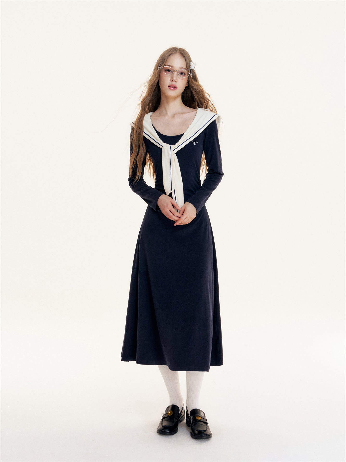 16DEWS 16D25422 Navy collared waist cinched dress