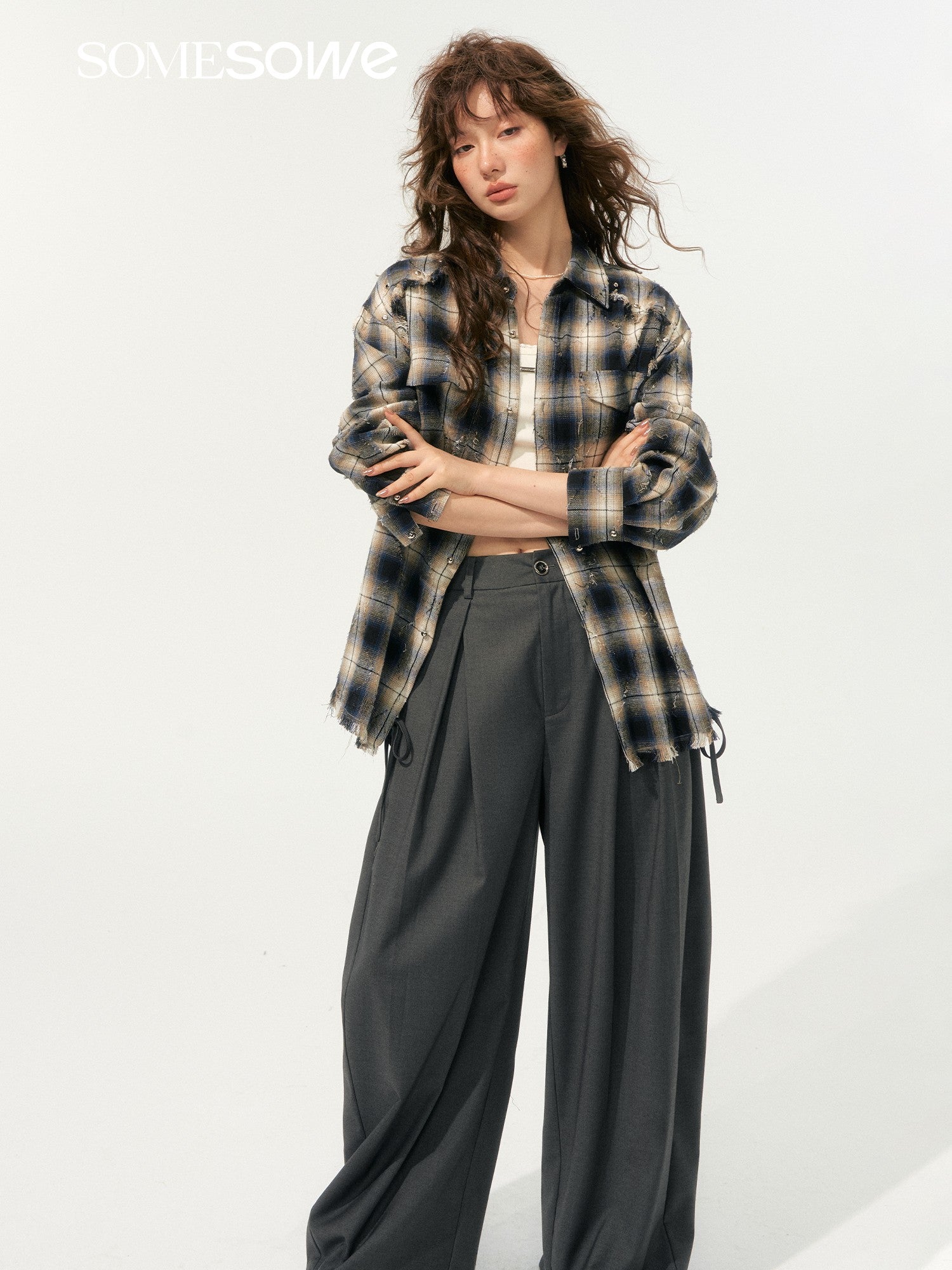 SOMESOWE S2508185 Light punk fringe plaid shirt