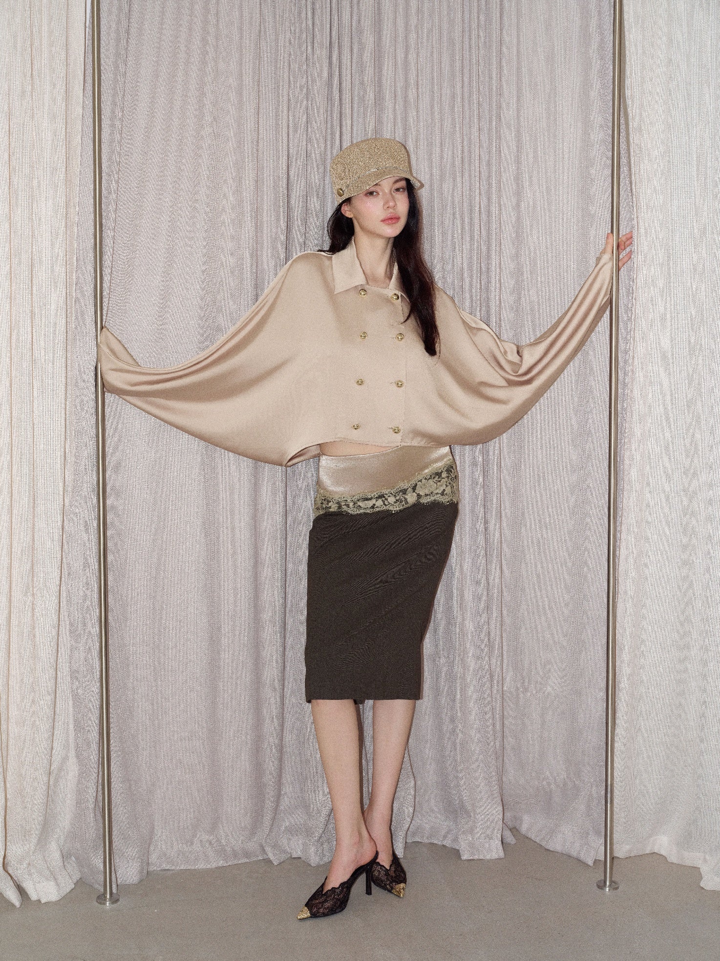 NONCESTNON N377 Champagne Satin Batwing Sleeve Top