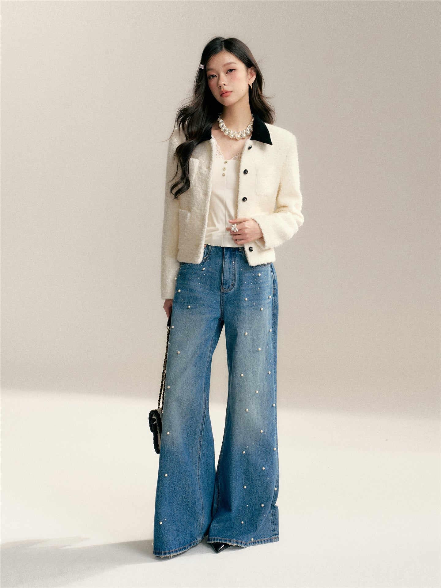 16DEWS 16D26004 Color blocking lapel texture short jacket