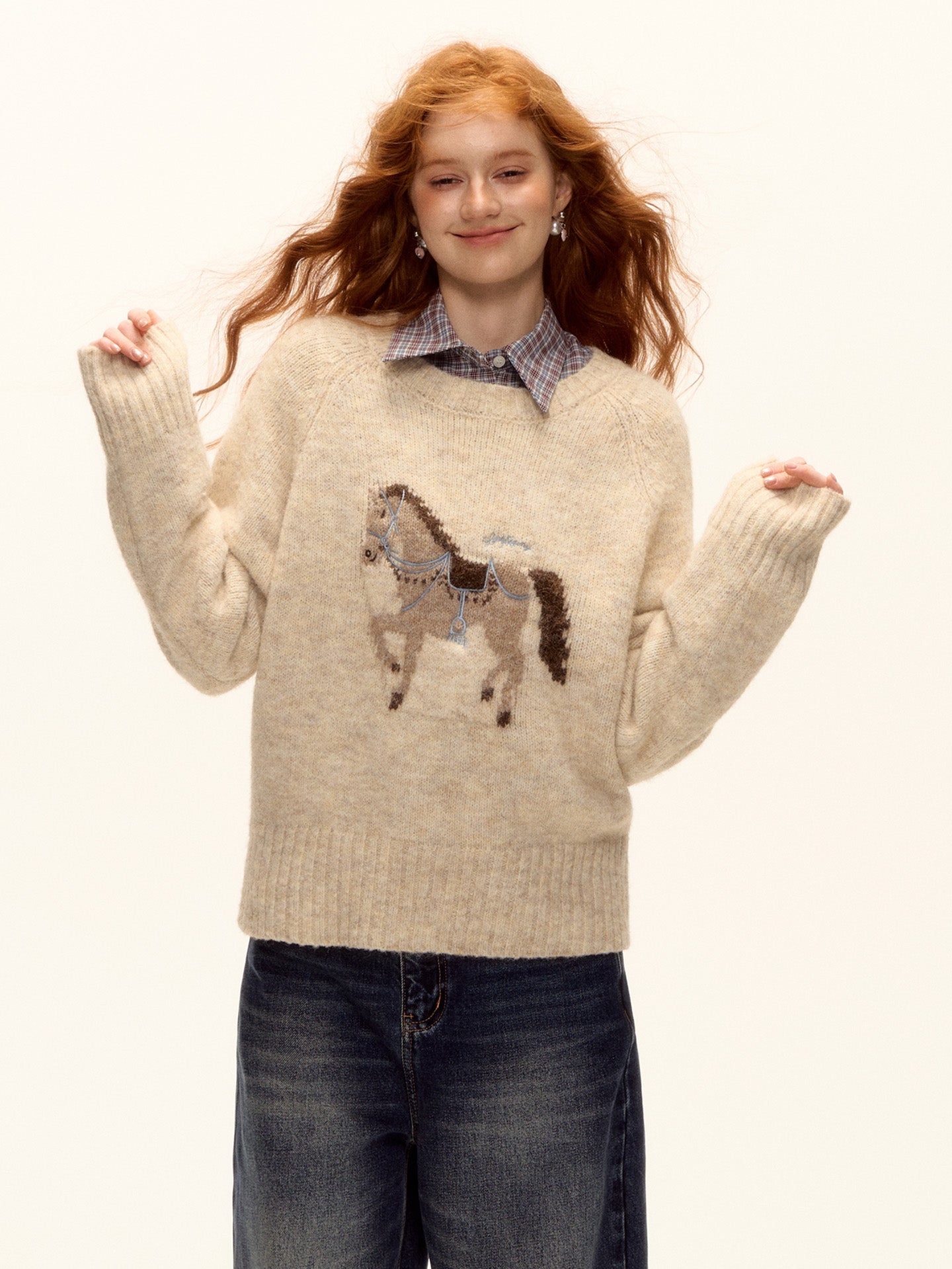 AsGony ASG25480 Wool pony jacquard embroidered round neck sweater