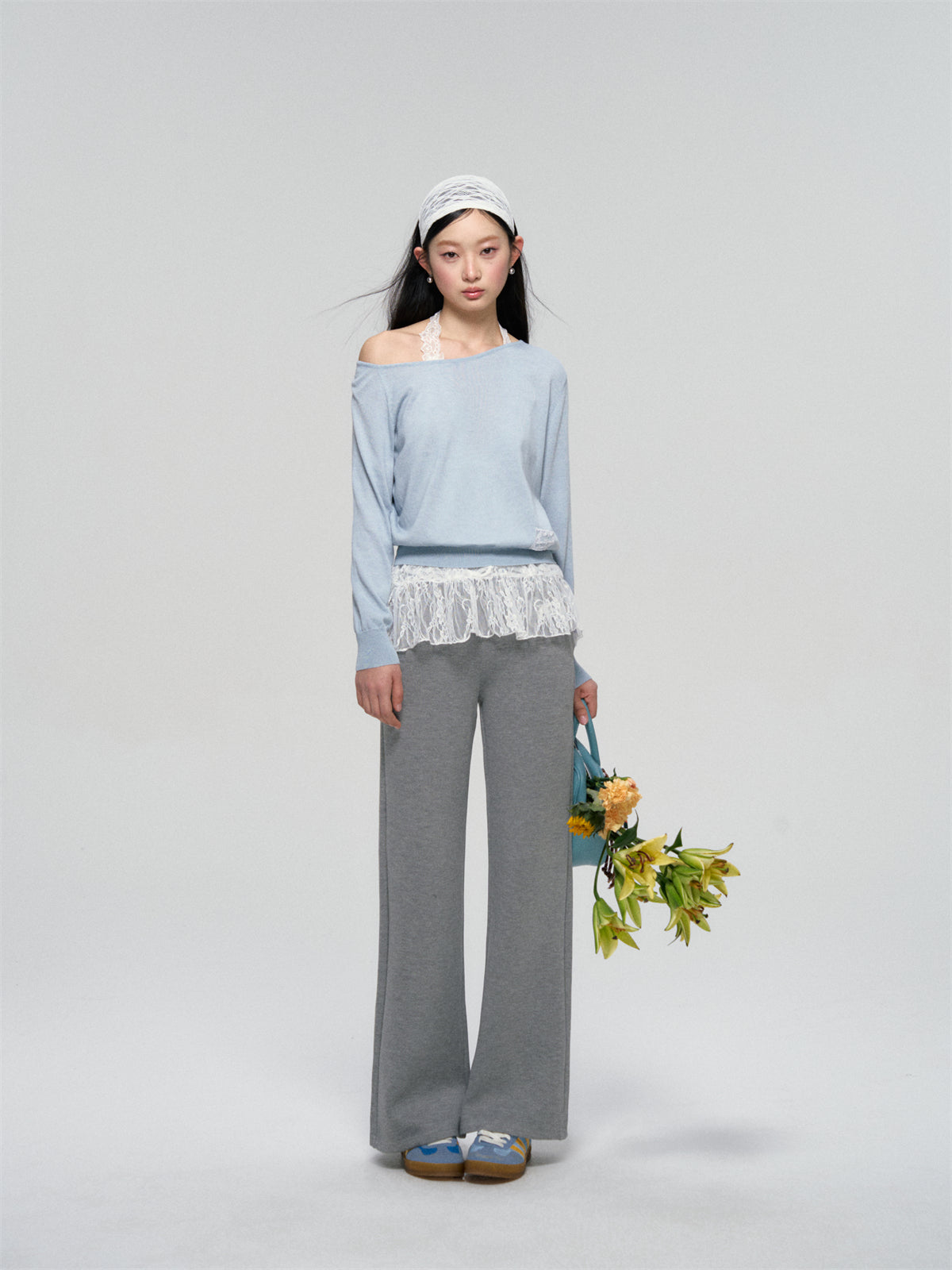 AsGony ASG25081 Lace waist patchwork lace sweatpants (2color)