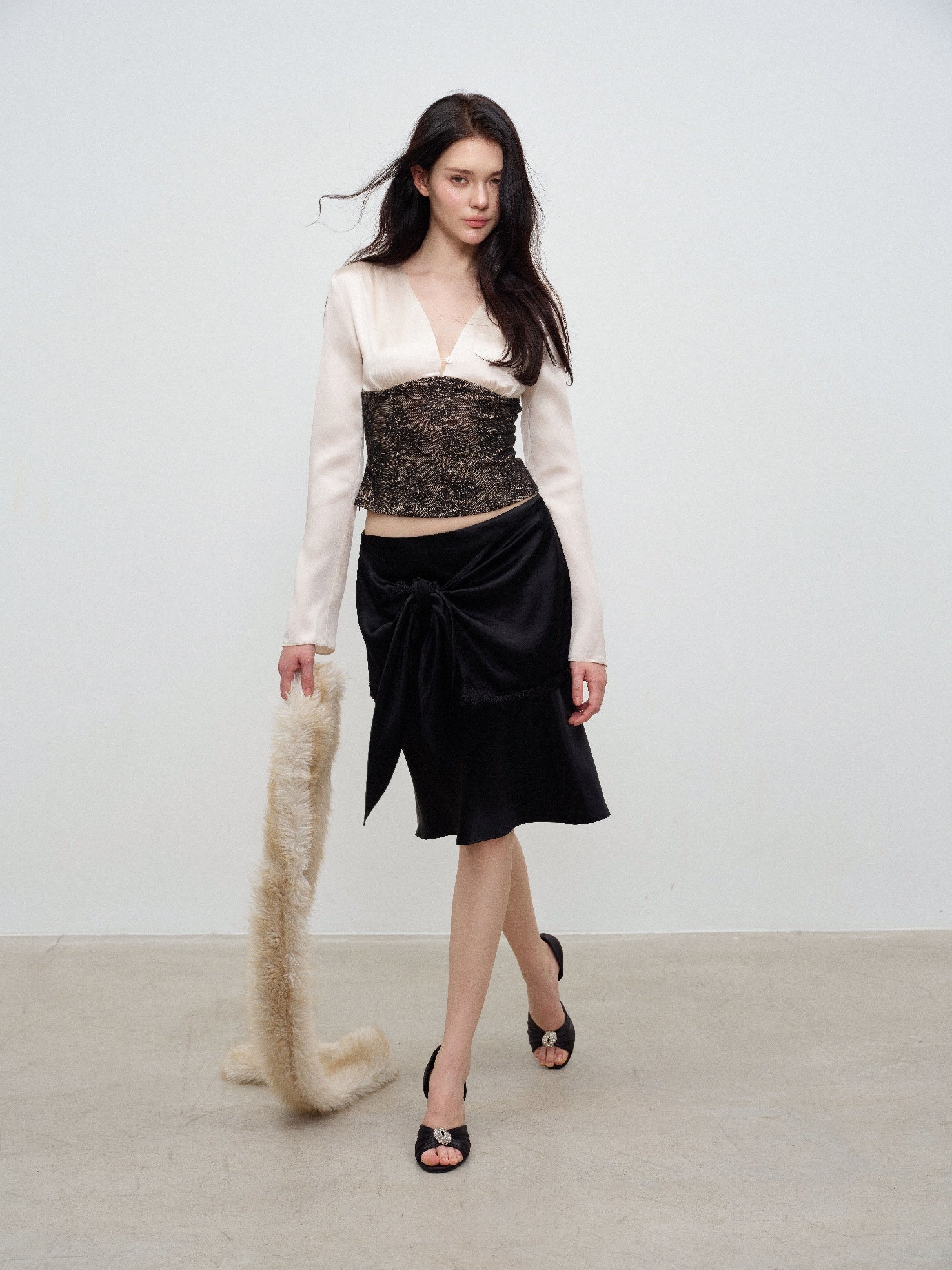 NONCESTNON N370 Black Acetate Tie-Waist Skirt