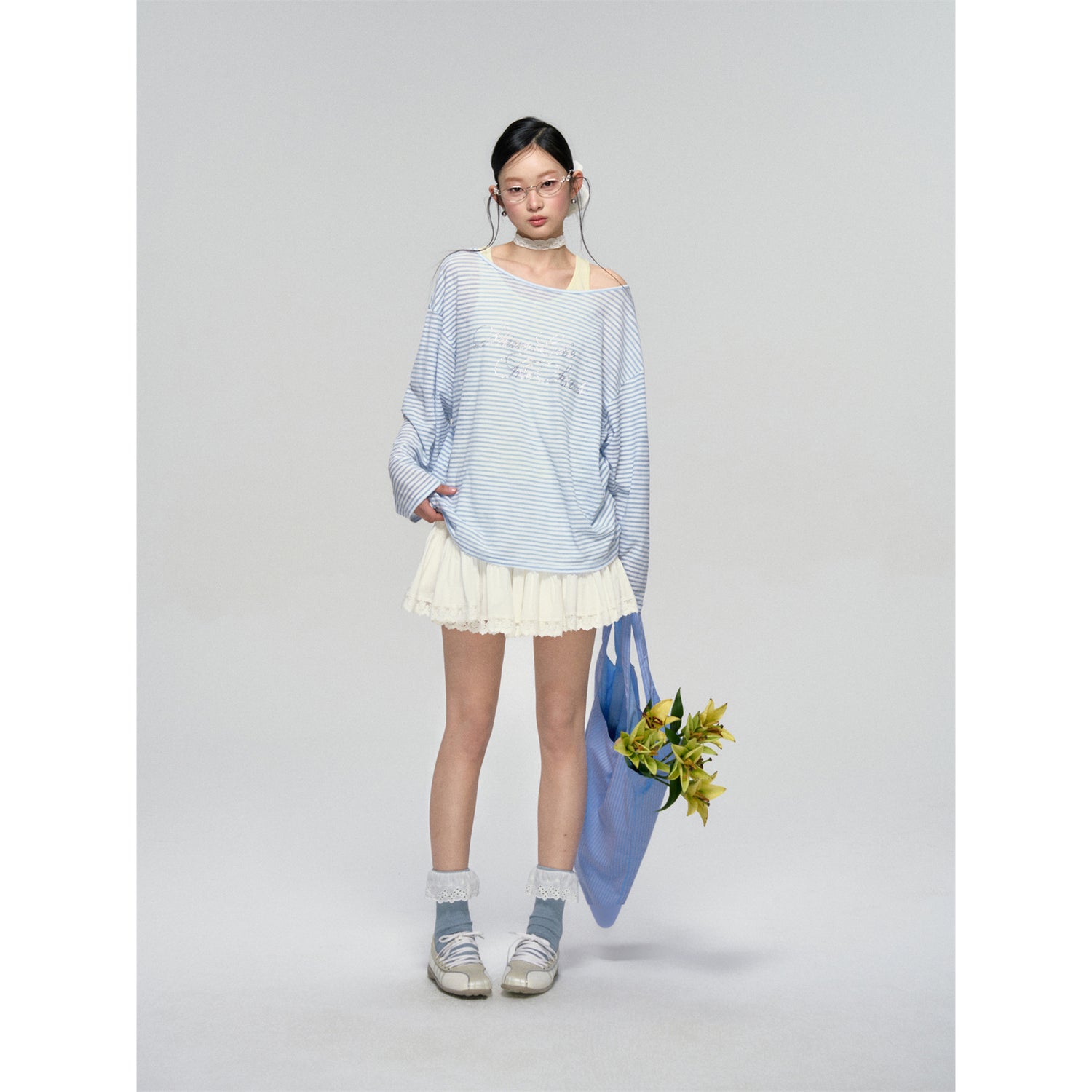 AsGony ASG25078 Off shoulder striped rhinestone T-shirt