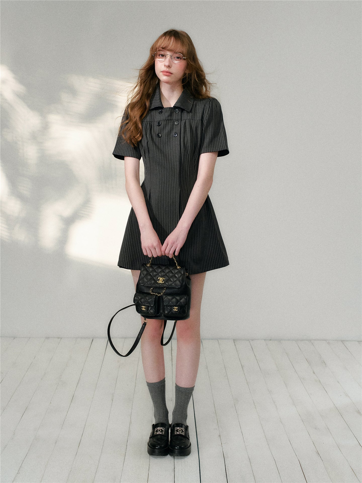 16DEWS 16D26092 Striped waist cinched shirt dress