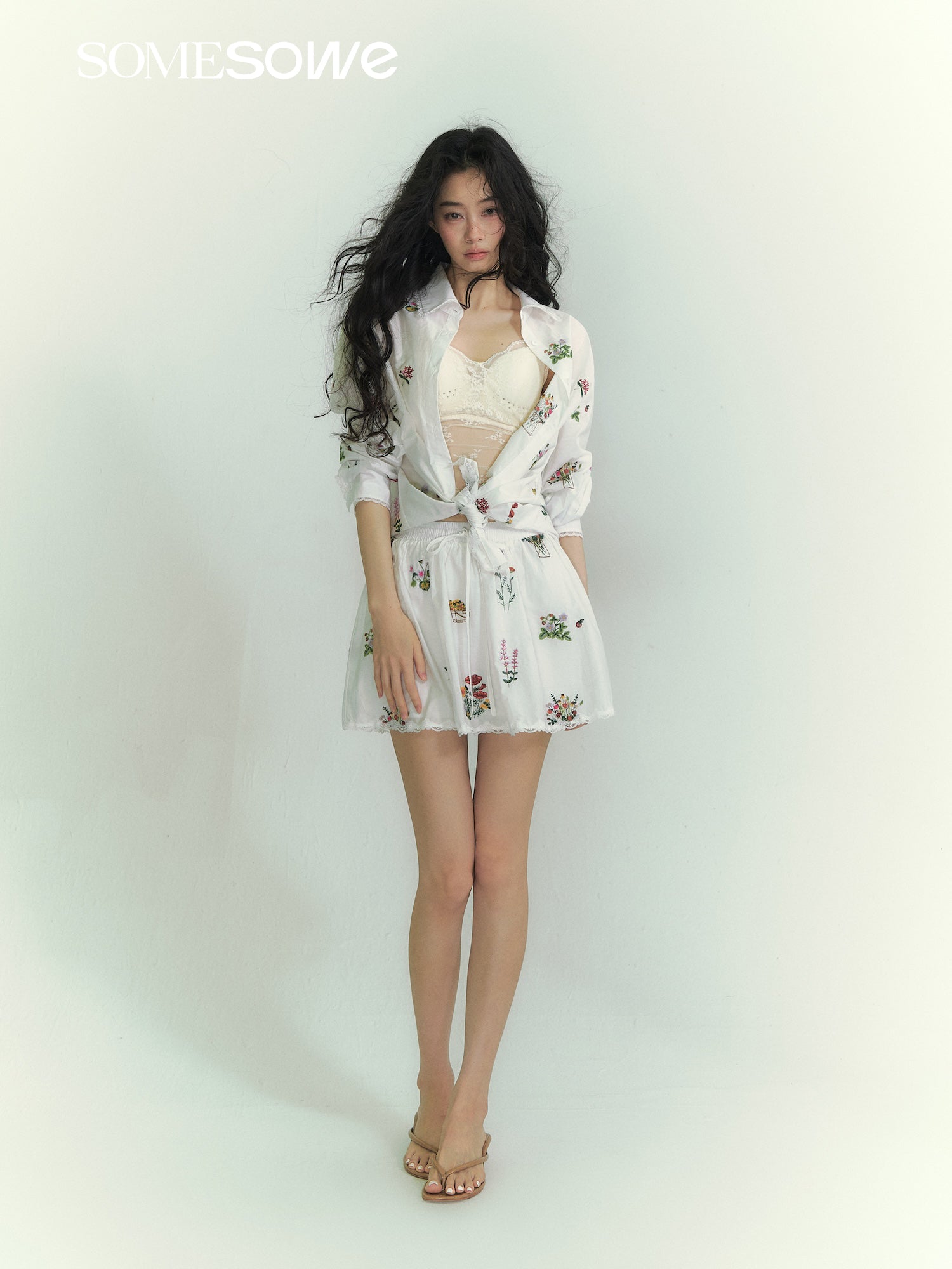 SOMESOWE S2609059&S2609060 Flower embroidery lace patchwork shirt + skirt