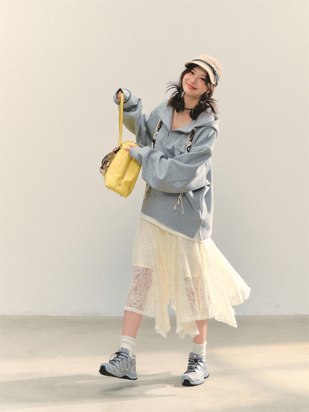 AsGony ASG25347 Flower embroidered casual loose pullover hoodie