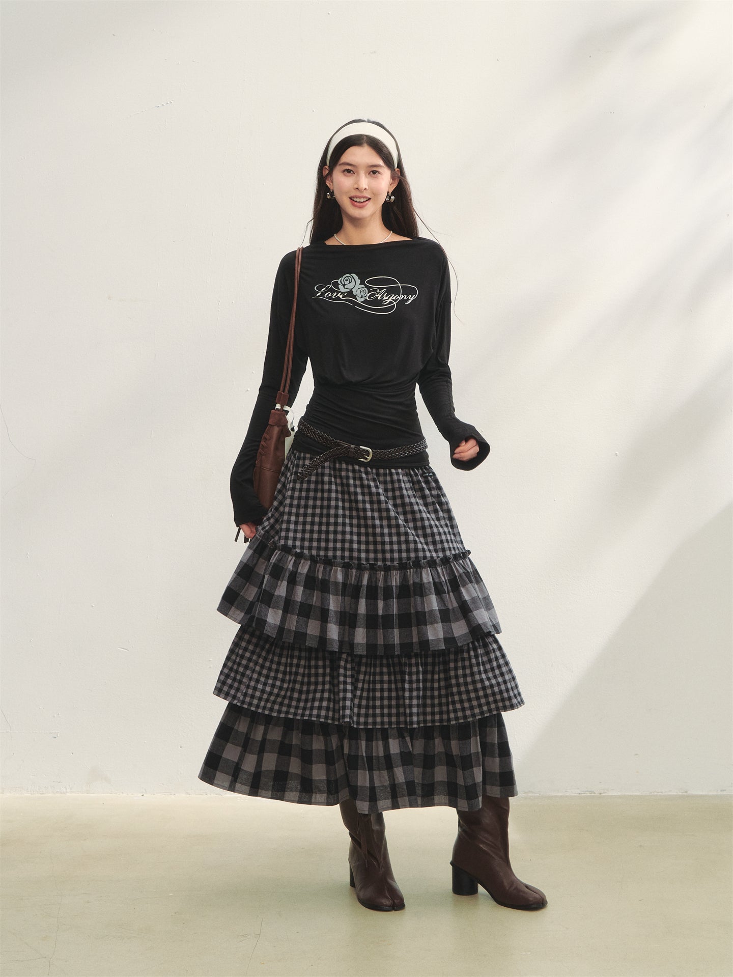 AsGony ASG25288 Plaid patchwork lace waist multi-layer long skirt
