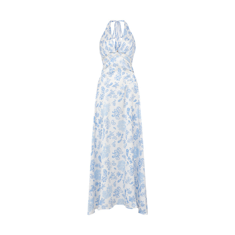 SHEERLUCK SLLYQ26411 Pleated V-neck hollow printed maxi dress