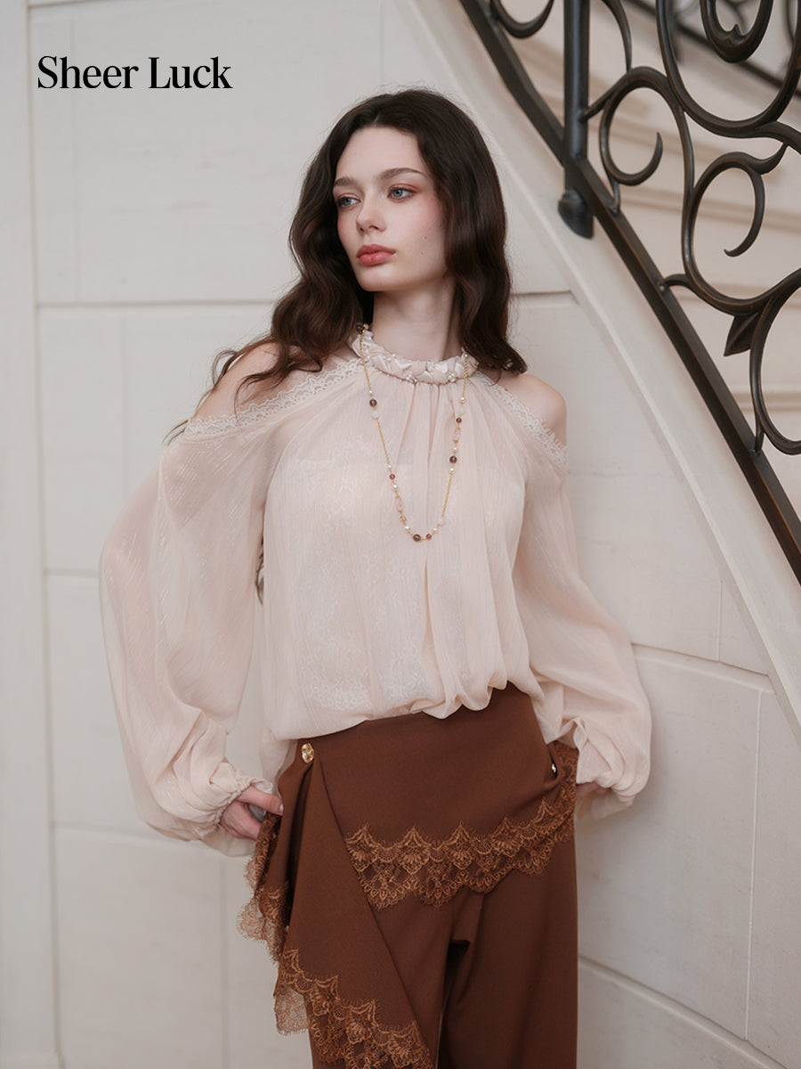 SHEERLUCK SLCS26732 Poesia Off-Shoulder Puff Chiffon Blouse-Creamy Apricot